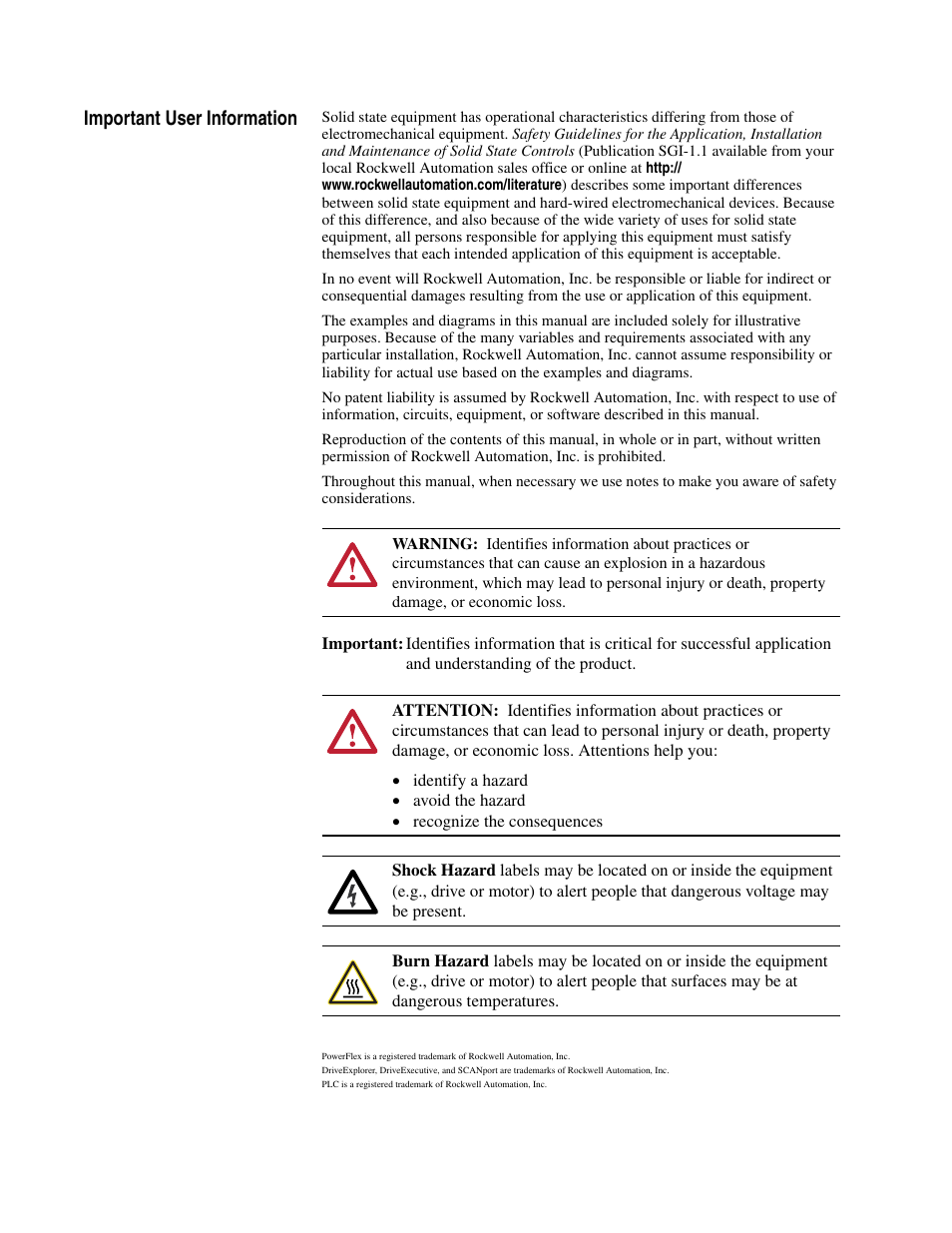 Important user information | Rockwell Automation 5730 DriveLogix5730 Controller for PowerFlex 700S Drives with Phase II Control User Manual | Page 2 / 217