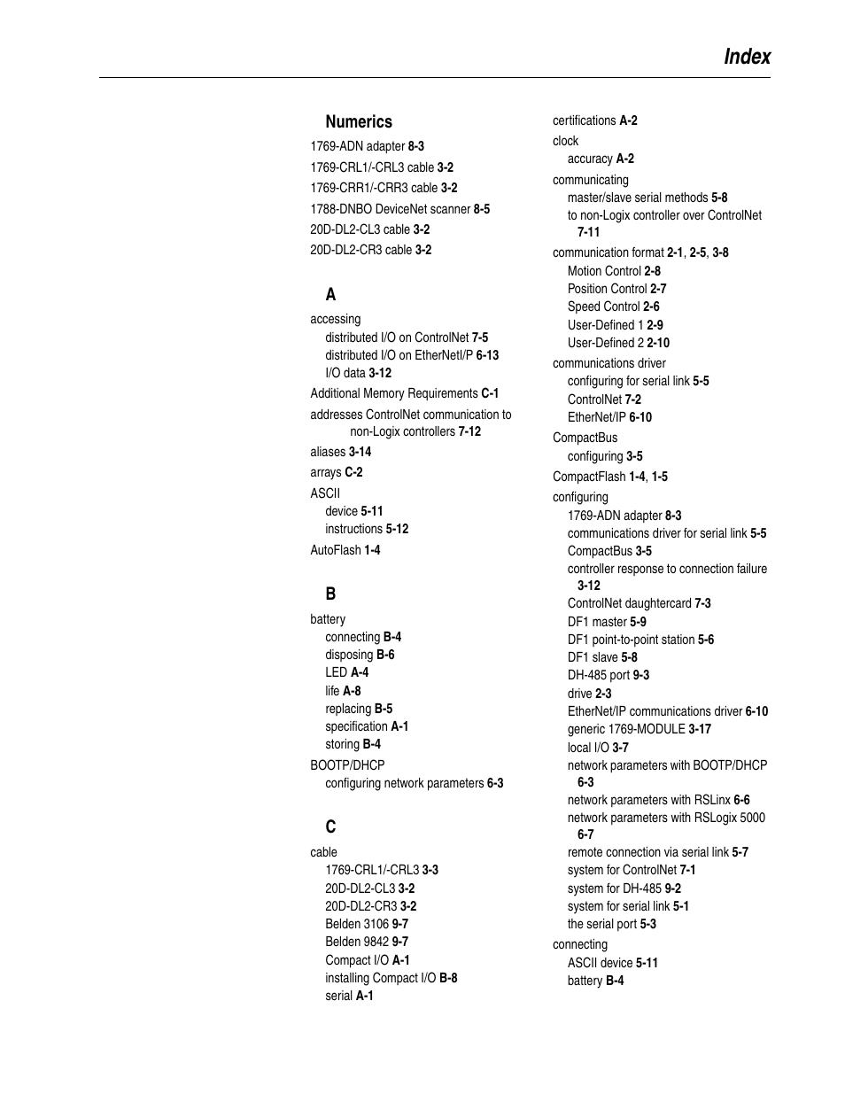 Index | Rockwell Automation 5730 DriveLogix5730 Controller for PowerFlex 700S Drives with Phase II Control User Manual | Page 211 / 217