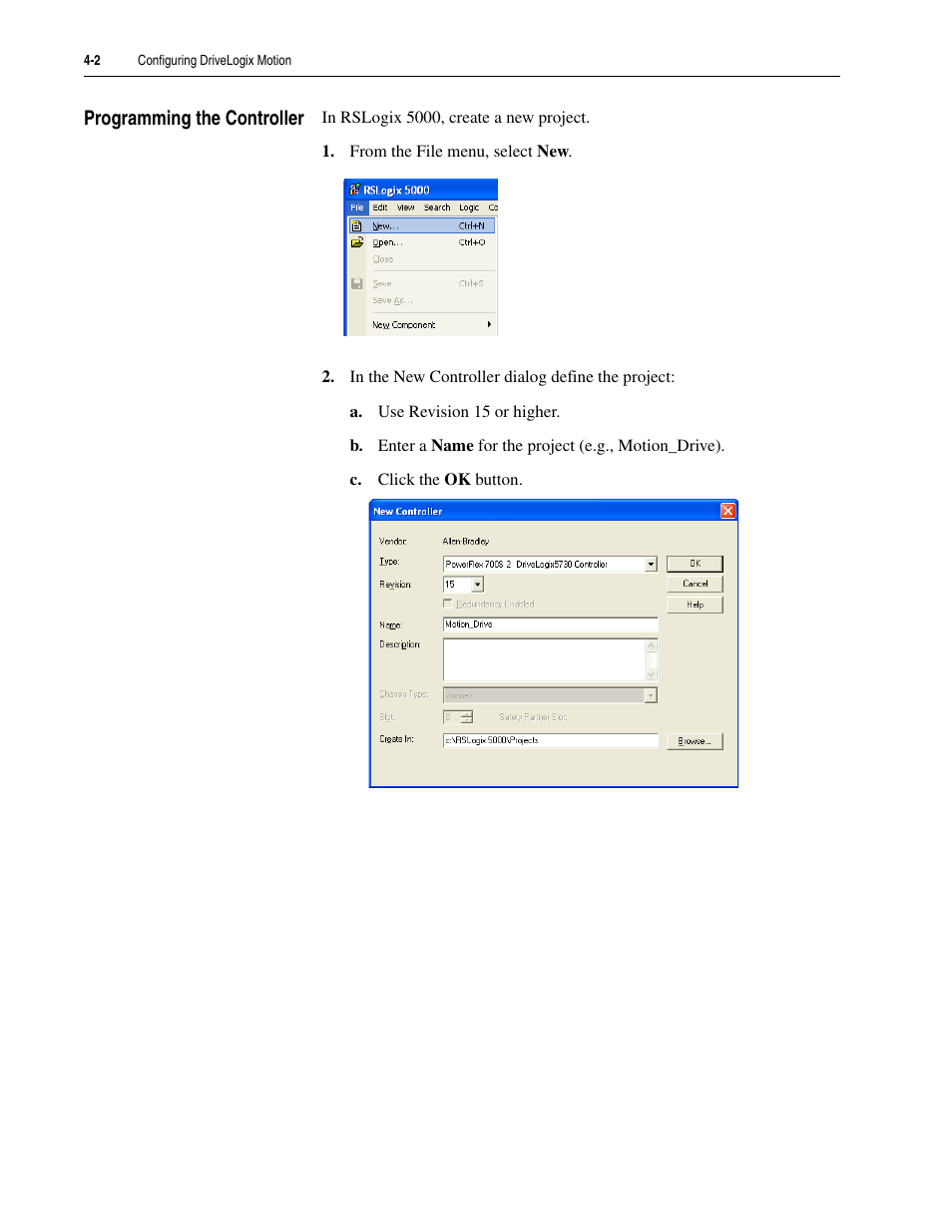 Programming the controller, Programming the controller -2 | Rockwell Automation 5730 DriveLogix5730 Controller for PowerFlex 700S Drives with Phase II Control User Manual | Page 72 / 217