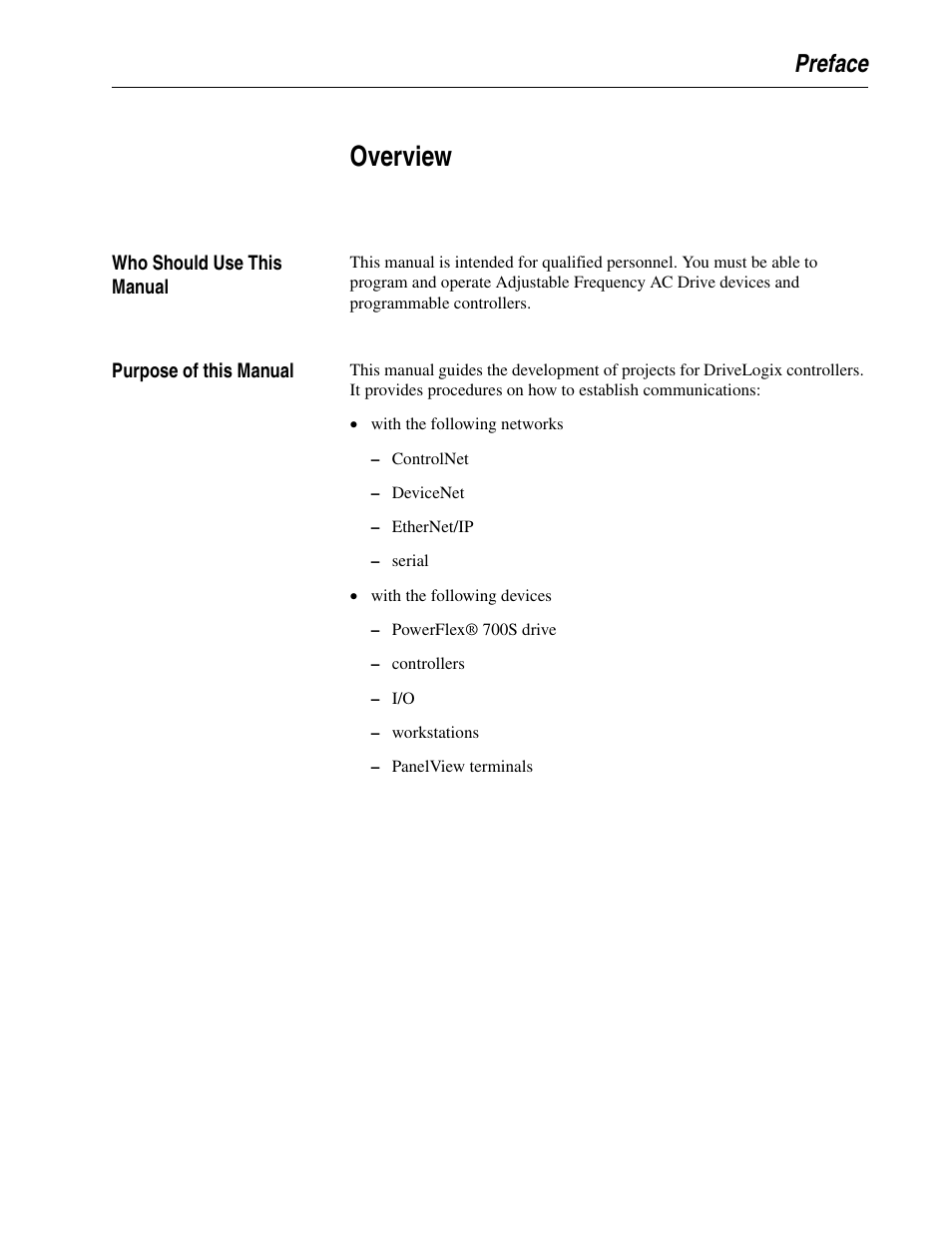 Preface, Overview, Who should use this manual | Purpose of this manual | Rockwell Automation 5730 DriveLogix5730 Controller for PowerFlex 700S Drives with Phase II Control User Manual | Page 9 / 217