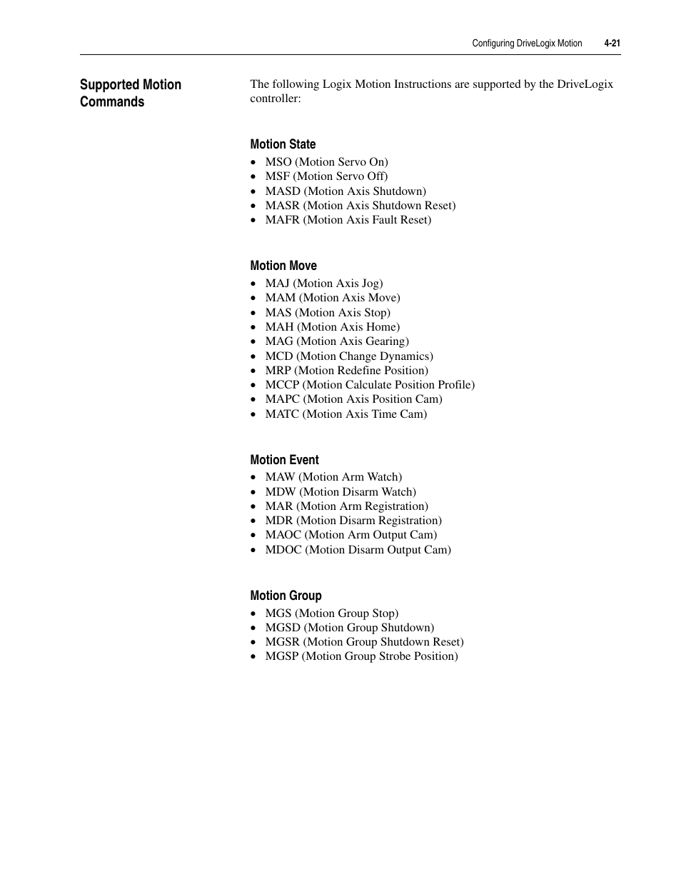 Supported motion commands, Supported motion commands -21 | Rockwell Automation 5730 DriveLogix5730 Controller for PowerFlex 700S Drives with Phase II Control User Manual | Page 91 / 217