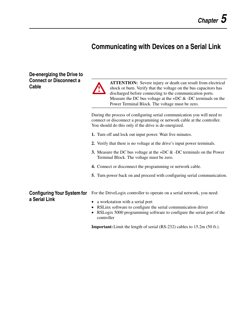 Chapter 5, Communicating with devices on a serial link, Configuring your system for a serial link | Rockwell Automation 5730 DriveLogix5730 Controller for PowerFlex 700S Drives with Phase II Control User Manual | Page 93 / 217