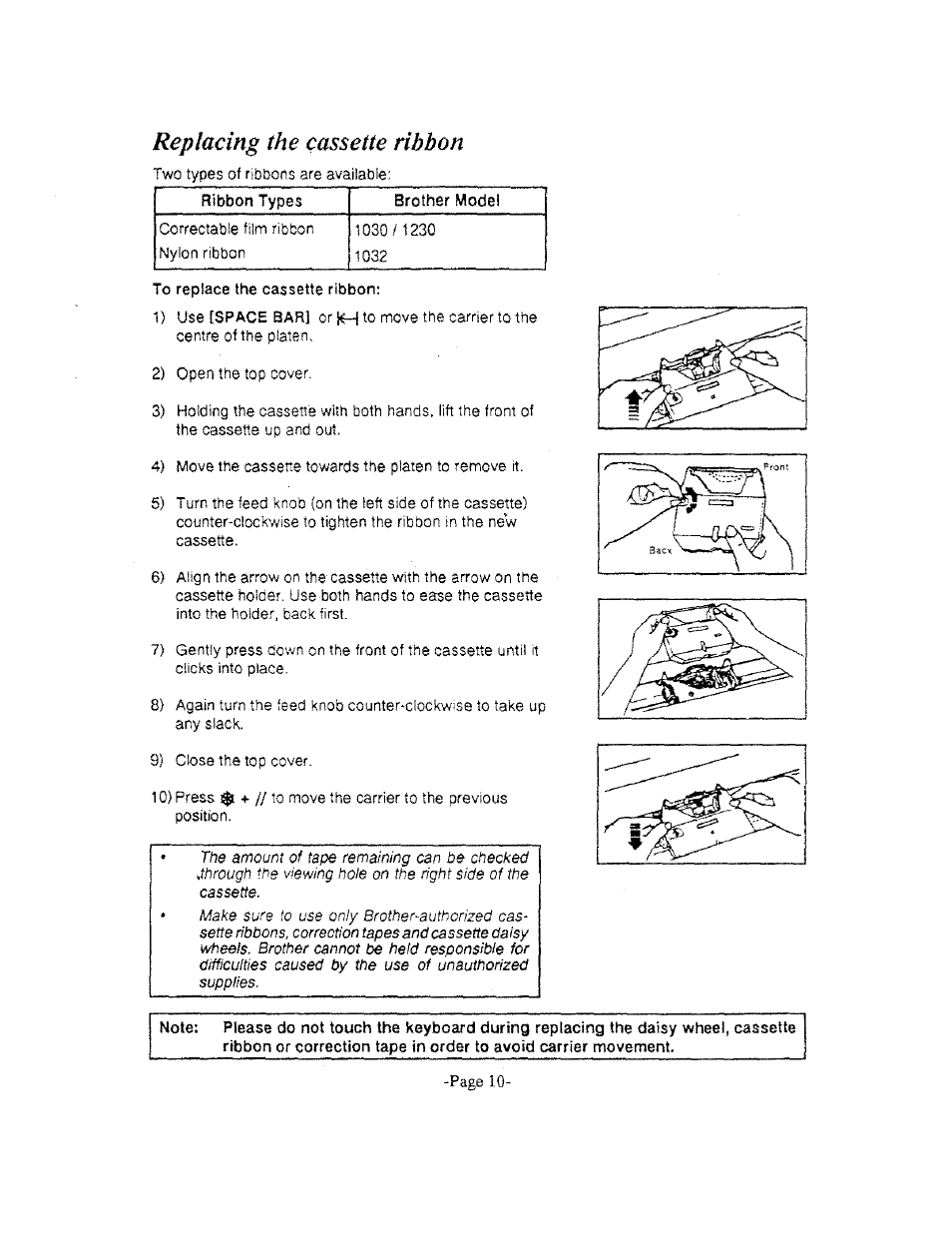 Replacing the cassette ribbon | Brother AX-325 User Manual | Page 10 / 14