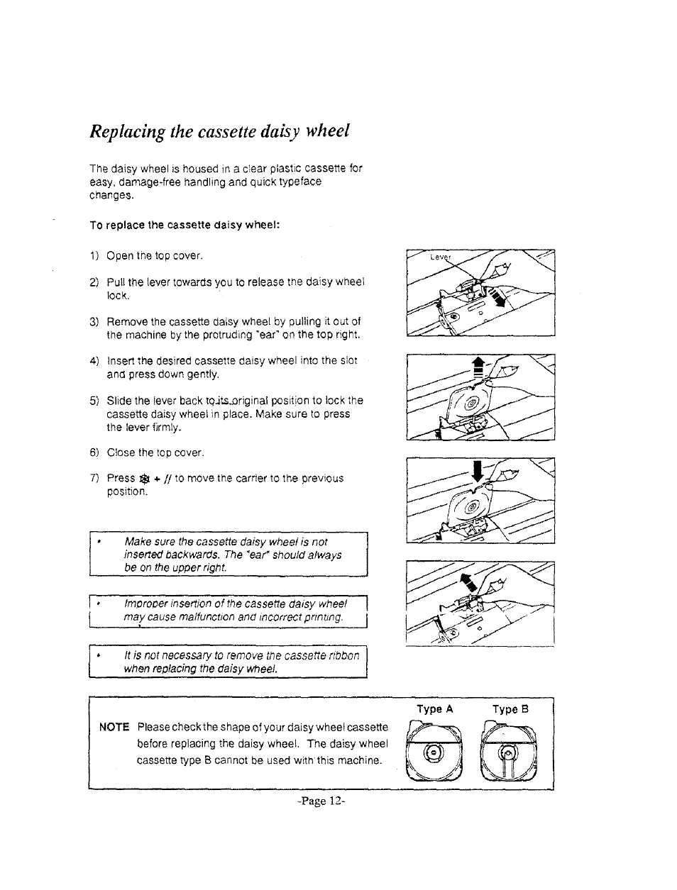 Replacing the cassette daisy wheel | Brother AX-325 User Manual | Page 12 / 14