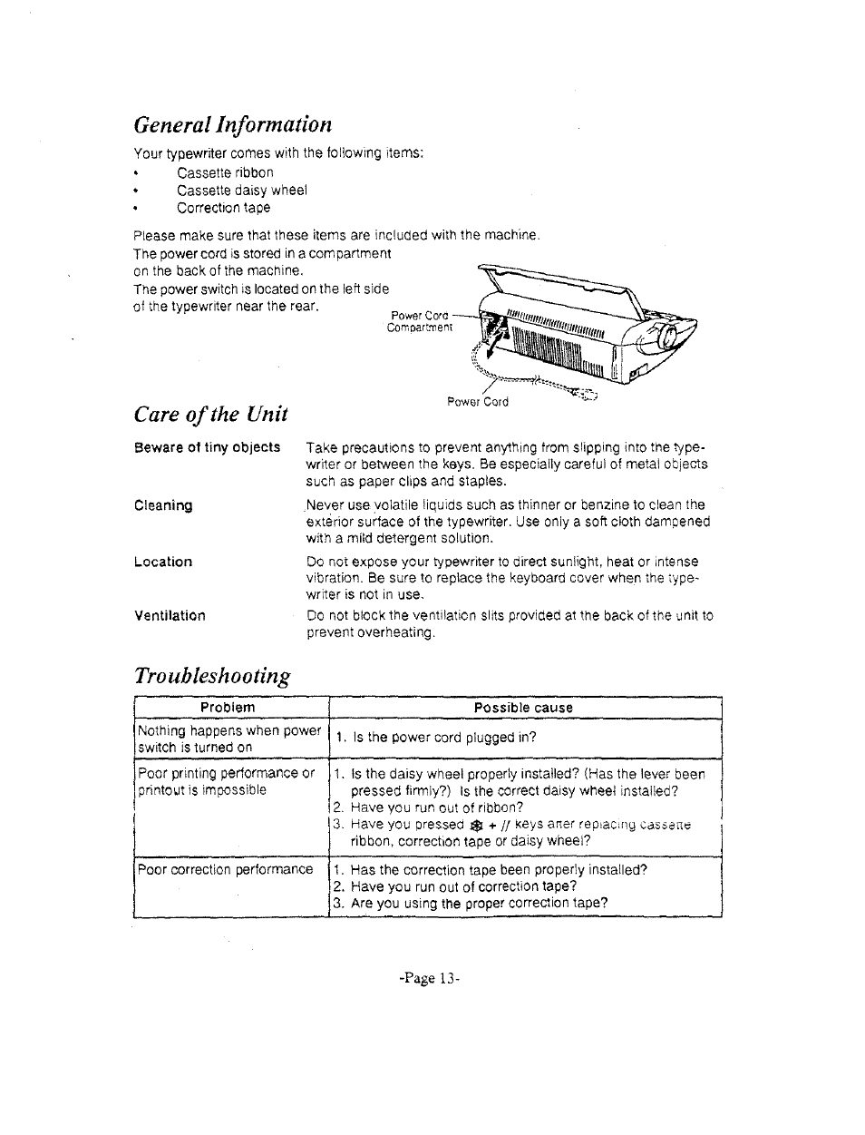 General information, Care of the unit, Troubleshooting | Brother AX-325 User Manual | Page 13 / 14