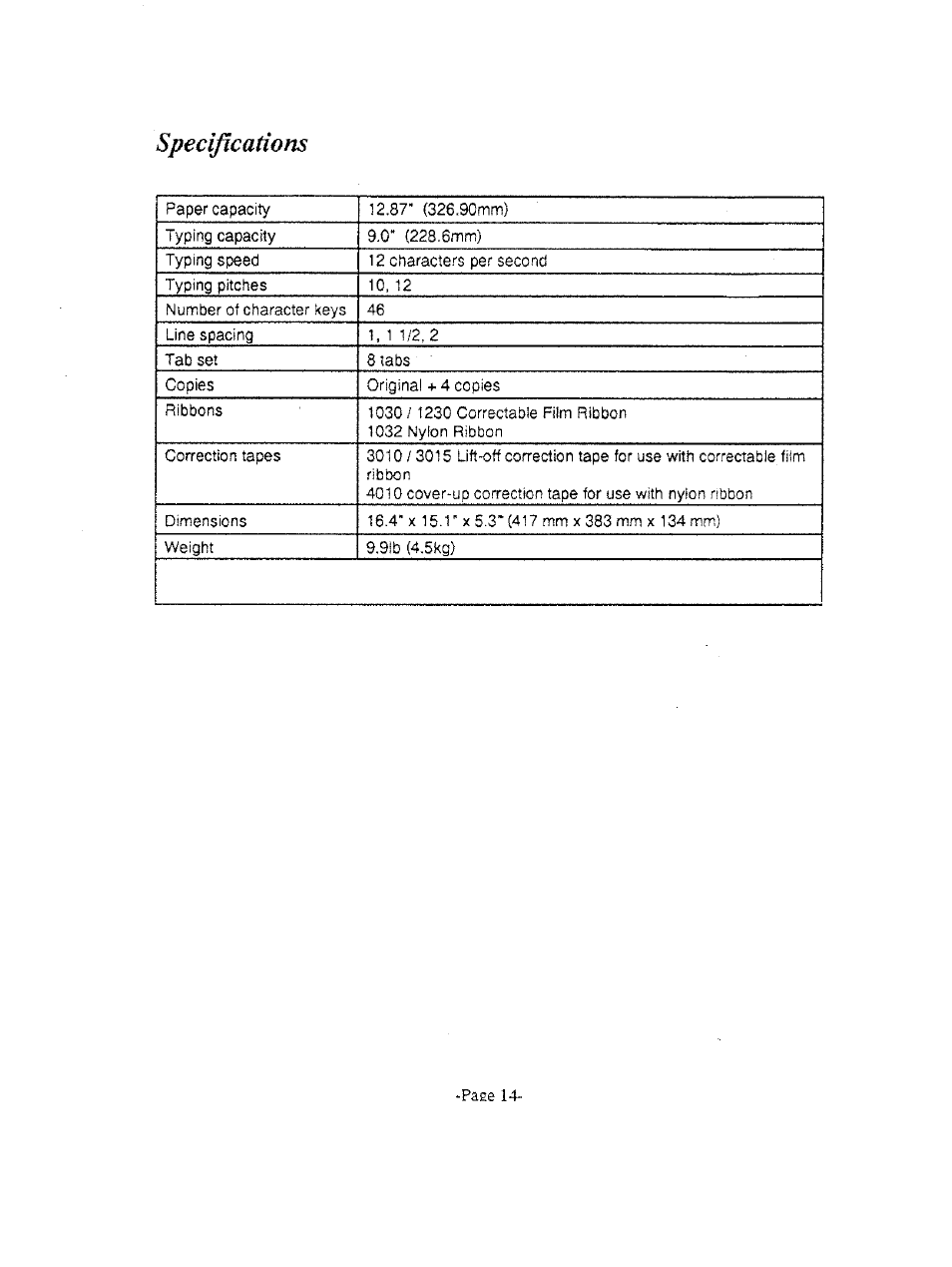 Specifications | Brother AX-325 User Manual | Page 14 / 14