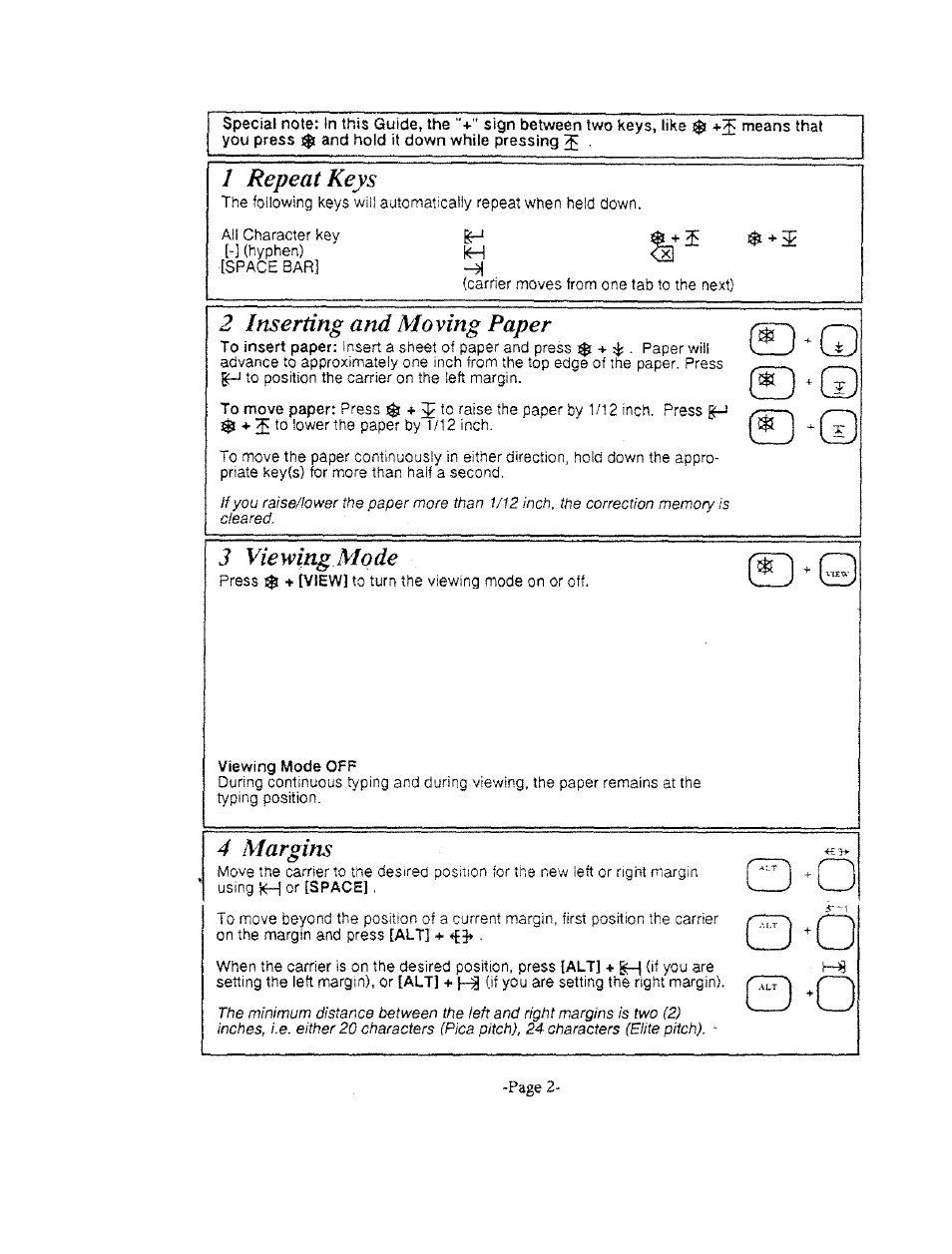 1 repeat keys, 2 inserting and moving paper, 3 viewing mode | 4 margins | Brother AX-325 User Manual | Page 2 / 14