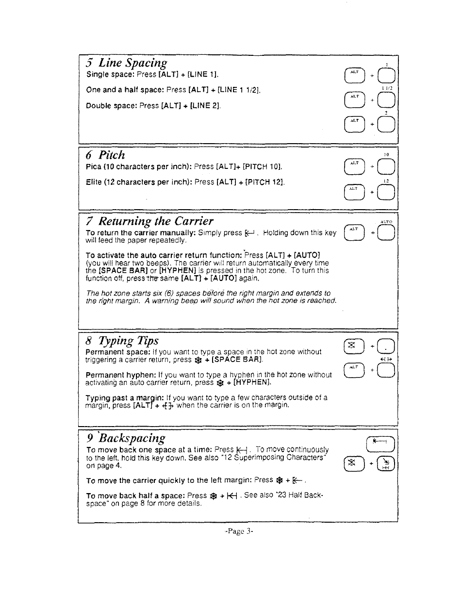 Line spacing, 6 pitch, Returning the carrier | 8 typing tips, 9 backspacing | Brother AX-325 User Manual | Page 3 / 14