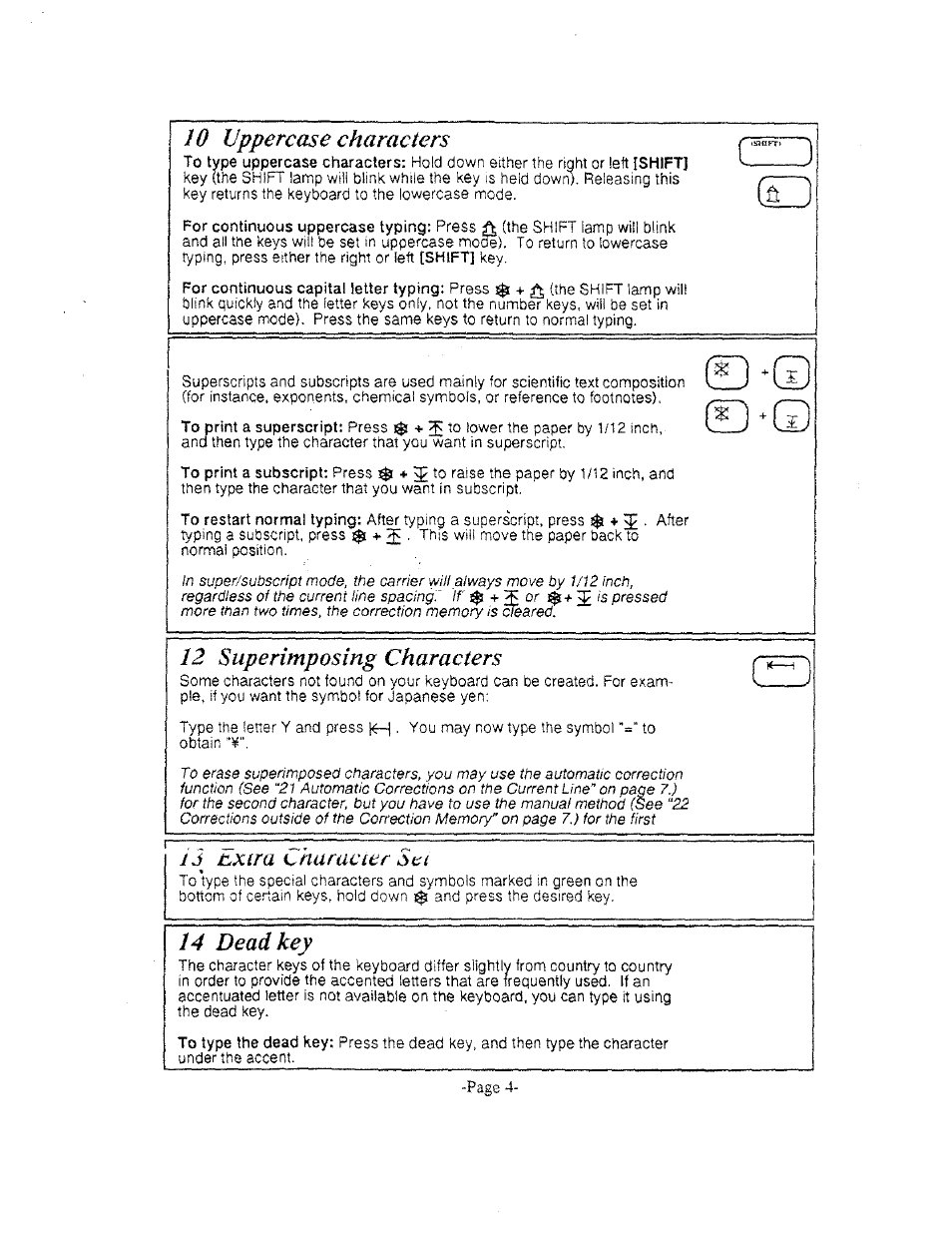 10 uppercase characters, 12 superimposing characters, 14 dead key | Jj jbxtra i^nuracfcr thti | Brother AX-325 User Manual | Page 4 / 14