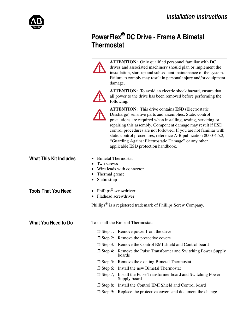 Rockwell Automation 20P PowerFlex DC Drive - Frame A Bimetal Thermostat User Manual | 12 pages