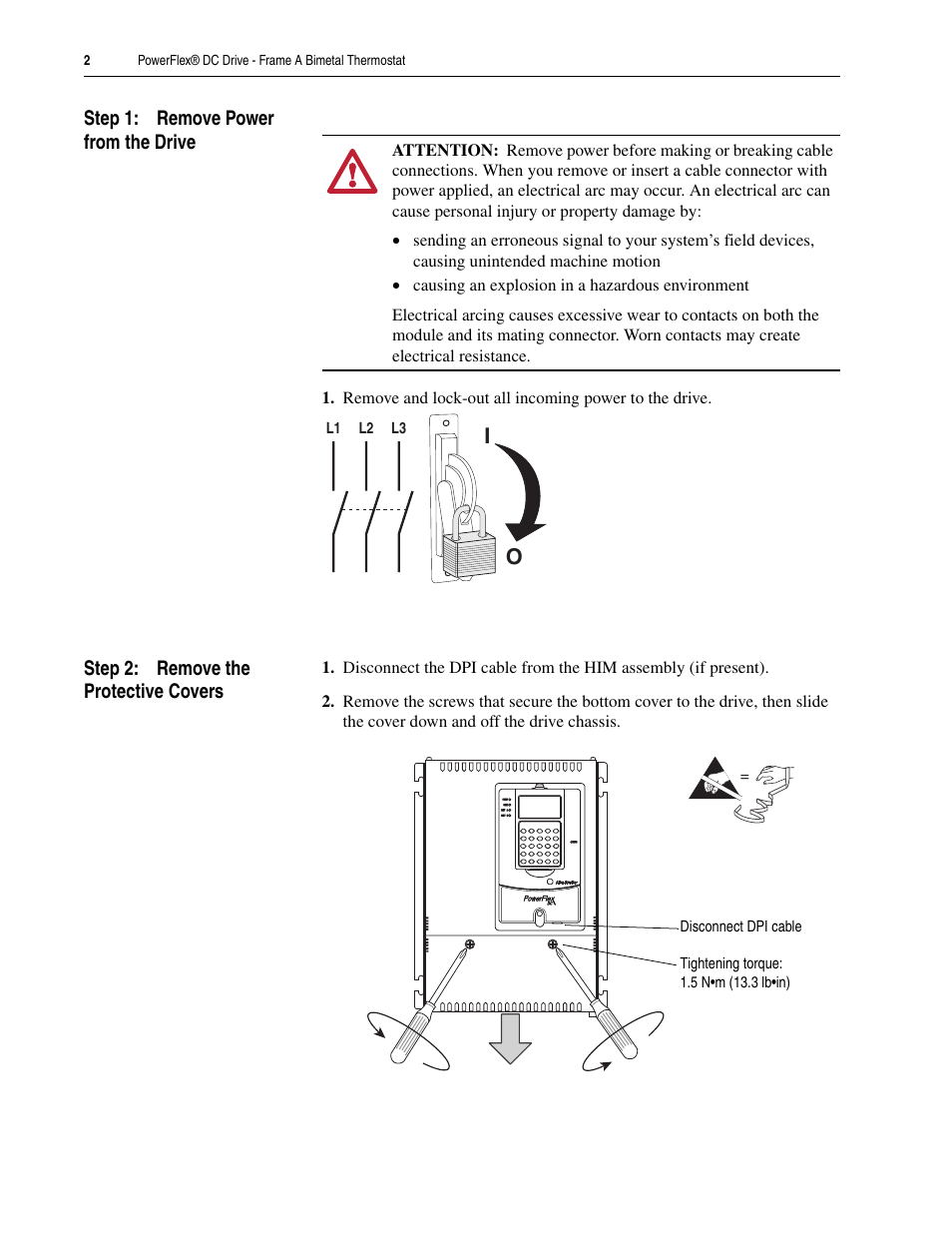 Step 1: remove power from the drive, Step 2: remove the protective covers | Rockwell Automation 20P PowerFlex DC Drive - Frame A Bimetal Thermostat User Manual | Page 2 / 12