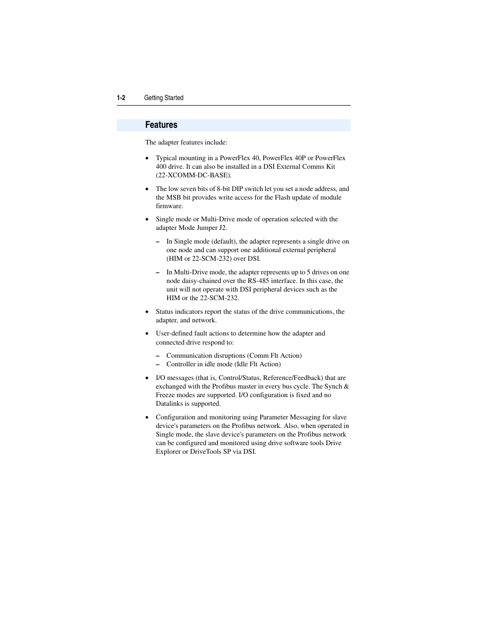 Features, Features -2 | Rockwell Automation 22-COMM-P PowerFlex Profibus Adapter User Manual | Page 10 / 116