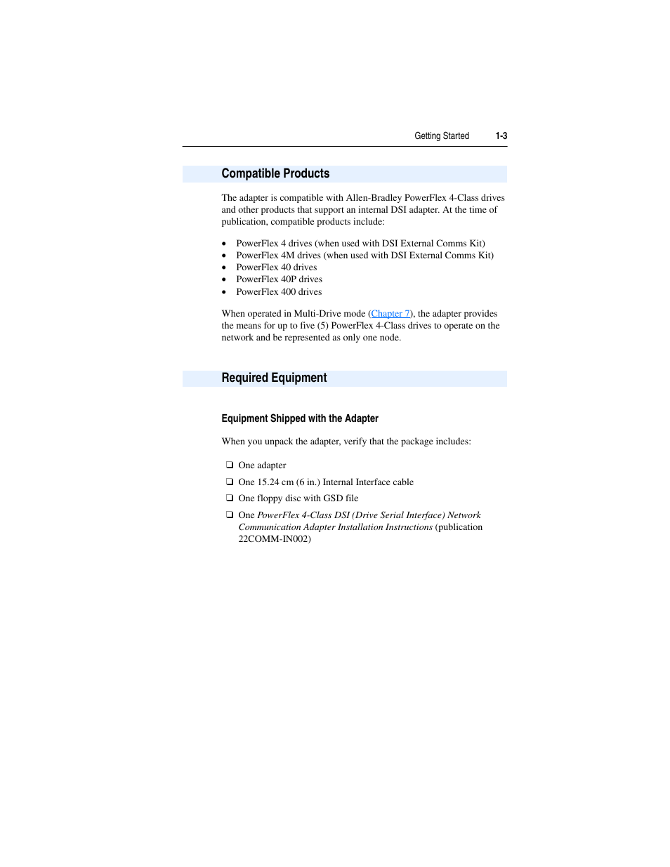 Compatible products, Required equipment, Equipment shipped with the adapter | Compatible products -3 required equipment -3 | Rockwell Automation 22-COMM-P PowerFlex Profibus Adapter User Manual | Page 11 / 116