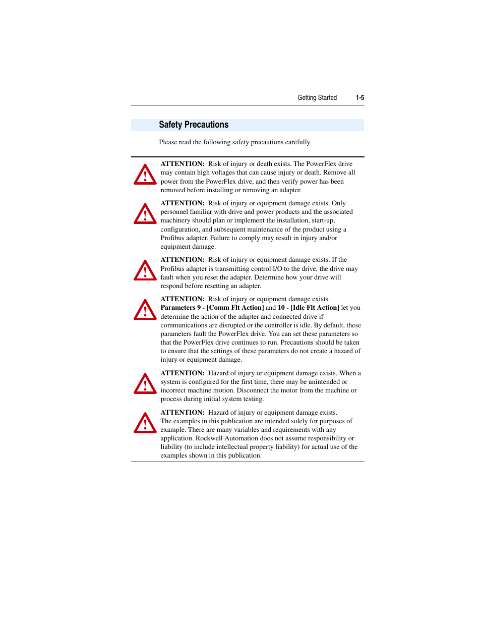 Safety precautions, Safety precautions -5 | Rockwell Automation 22-COMM-P PowerFlex Profibus Adapter User Manual | Page 13 / 116