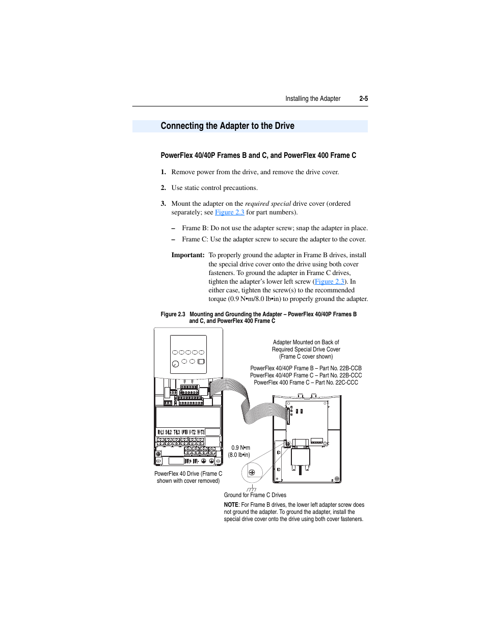 Connecting the adapter to the drive, Connecting the adapter to the drive -5 | Rockwell Automation 22-COMM-P PowerFlex Profibus Adapter User Manual | Page 21 / 116