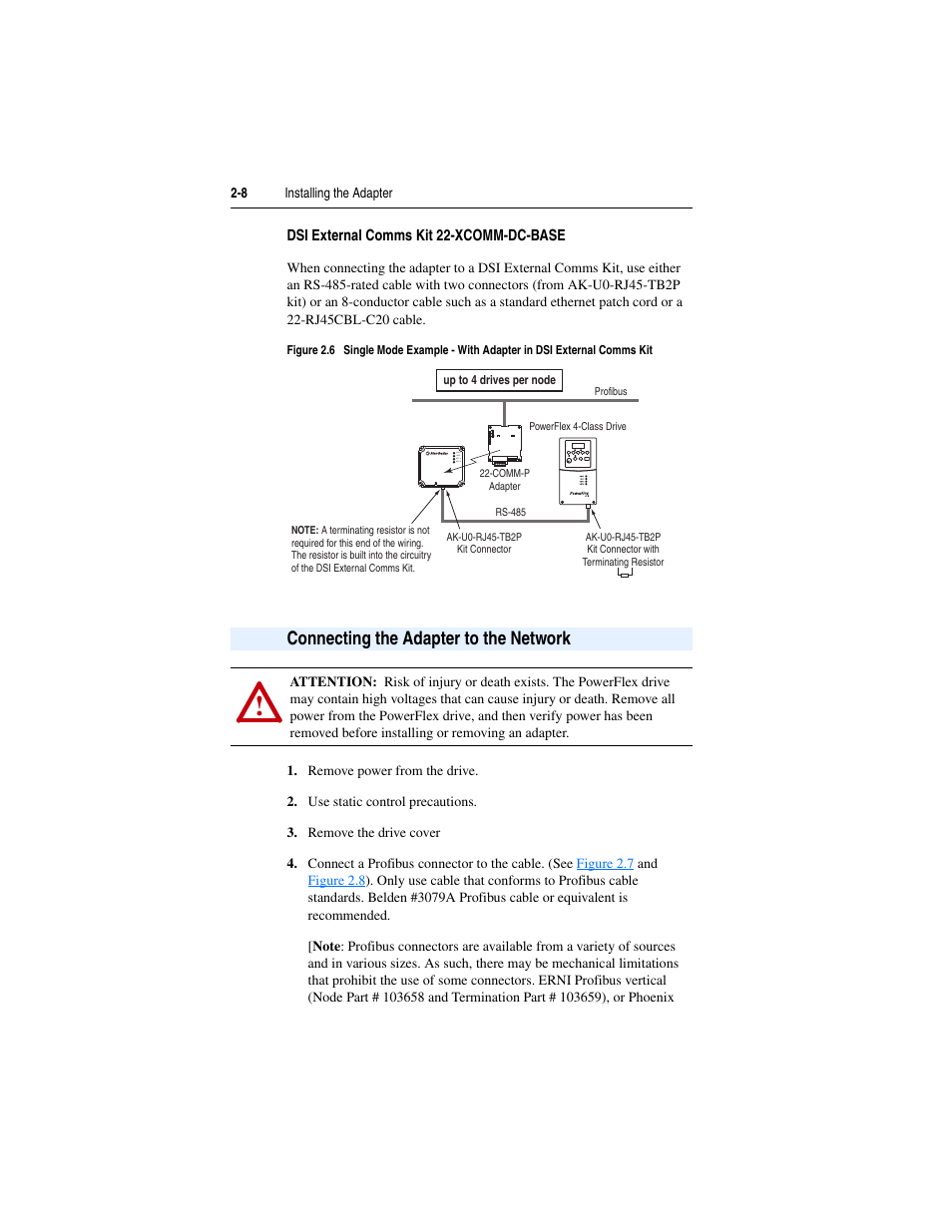 Dsi external comms kit 22-xcomm-dc-base, Connecting the adapter to the network, Connecting the adapter to the network -8 | Rockwell Automation 22-COMM-P PowerFlex Profibus Adapter User Manual | Page 24 / 116