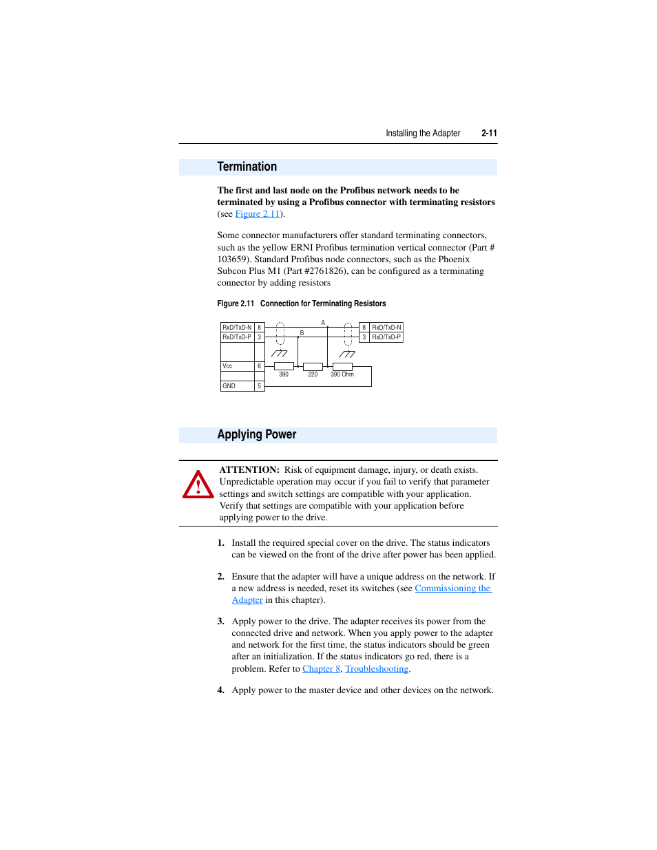 Termination, Applying power, Termination -11 applying power -11 | Rockwell Automation 22-COMM-P PowerFlex Profibus Adapter User Manual | Page 27 / 116