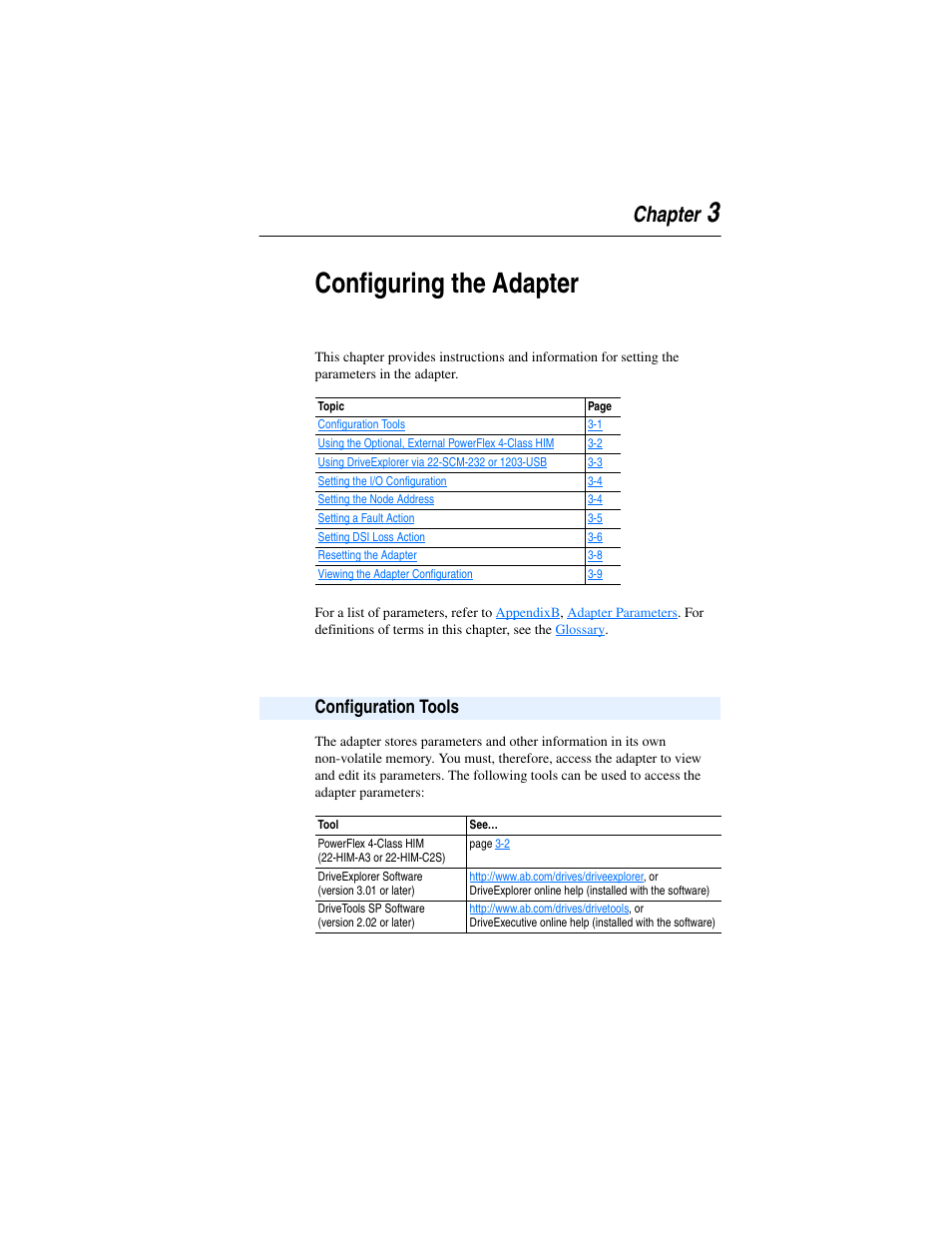 Chapter 3, Configuring the adapter, Configuration tools | Configuration tools -1, 3configuring the adapter, Chapter | Rockwell Automation 22-COMM-P PowerFlex Profibus Adapter User Manual | Page 29 / 116