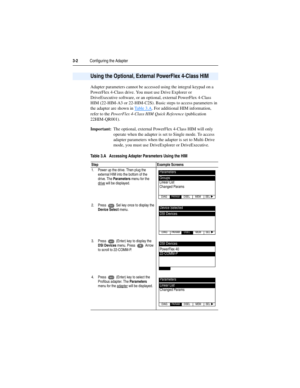 Using the optional, external powerflex 4-class him | Rockwell Automation 22-COMM-P PowerFlex Profibus Adapter User Manual | Page 30 / 116