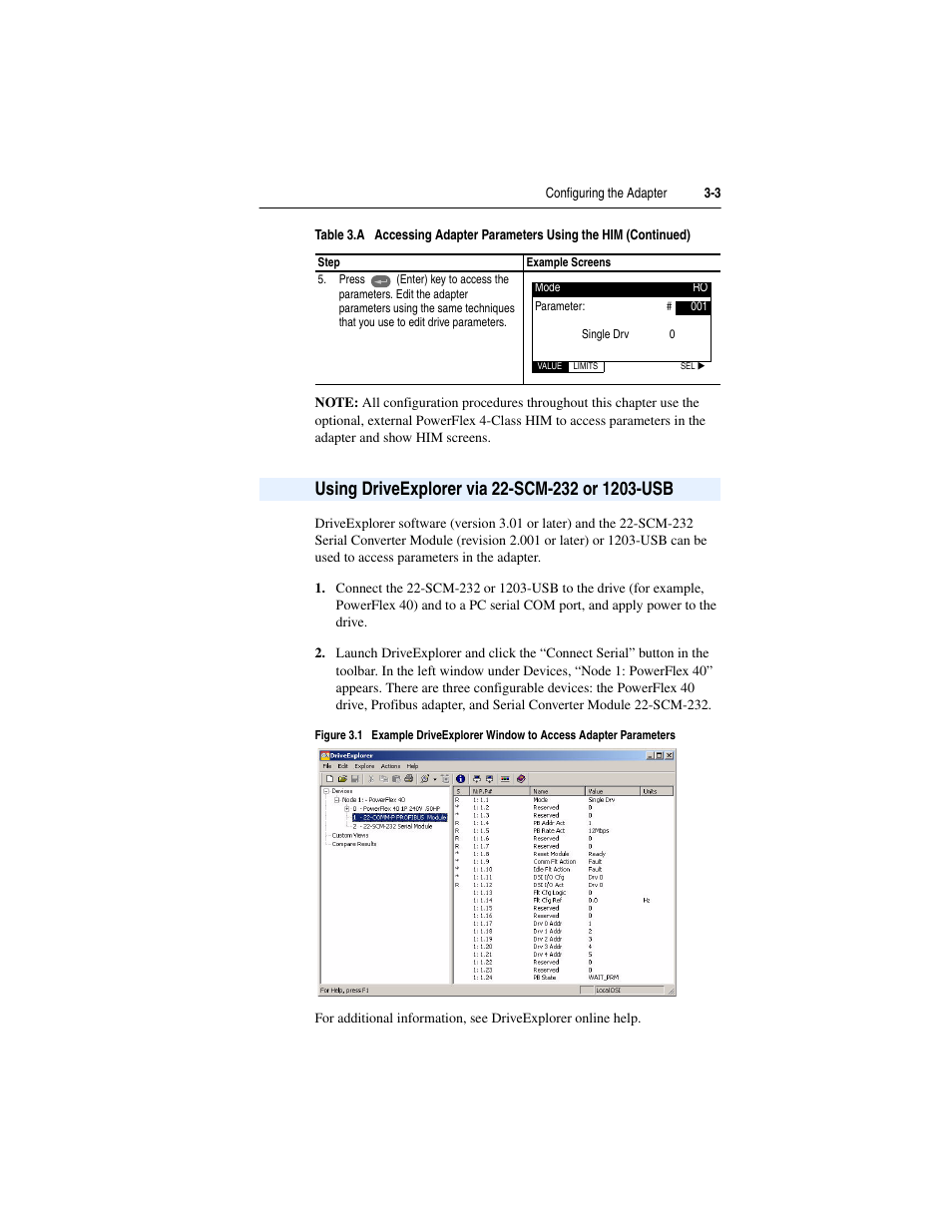 Using driveexplorer via 22-scm-232 or 1203-usb, Using driveexplorer via 22-scm-232 or 1203-usb -3 | Rockwell Automation 22-COMM-P PowerFlex Profibus Adapter User Manual | Page 31 / 116