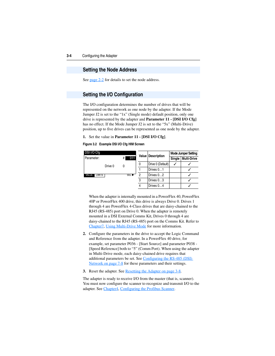 Setting the node address, Setting the i/o configuration | Rockwell Automation 22-COMM-P PowerFlex Profibus Adapter User Manual | Page 32 / 116