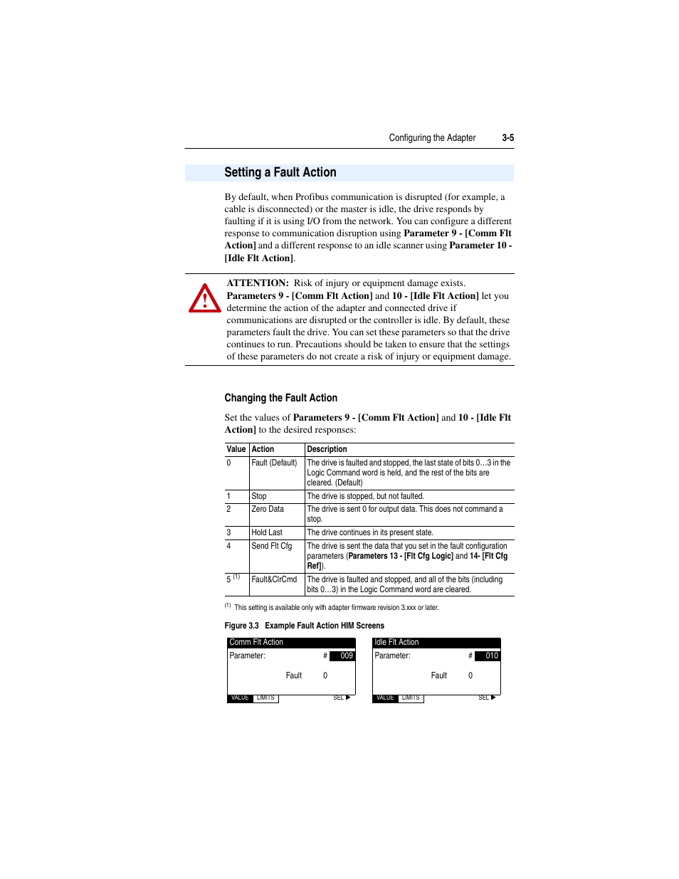 Setting a fault action, Changing the fault action, Setting a fault action -5 | Rockwell Automation 22-COMM-P PowerFlex Profibus Adapter User Manual | Page 33 / 116