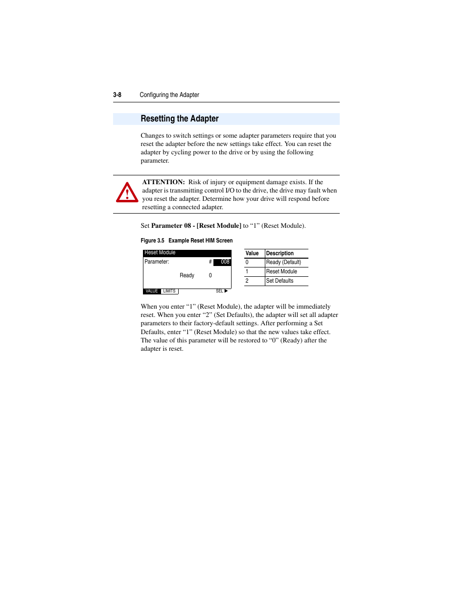 Resetting the adapter, Resetting the adapter -8 | Rockwell Automation 22-COMM-P PowerFlex Profibus Adapter User Manual | Page 36 / 116