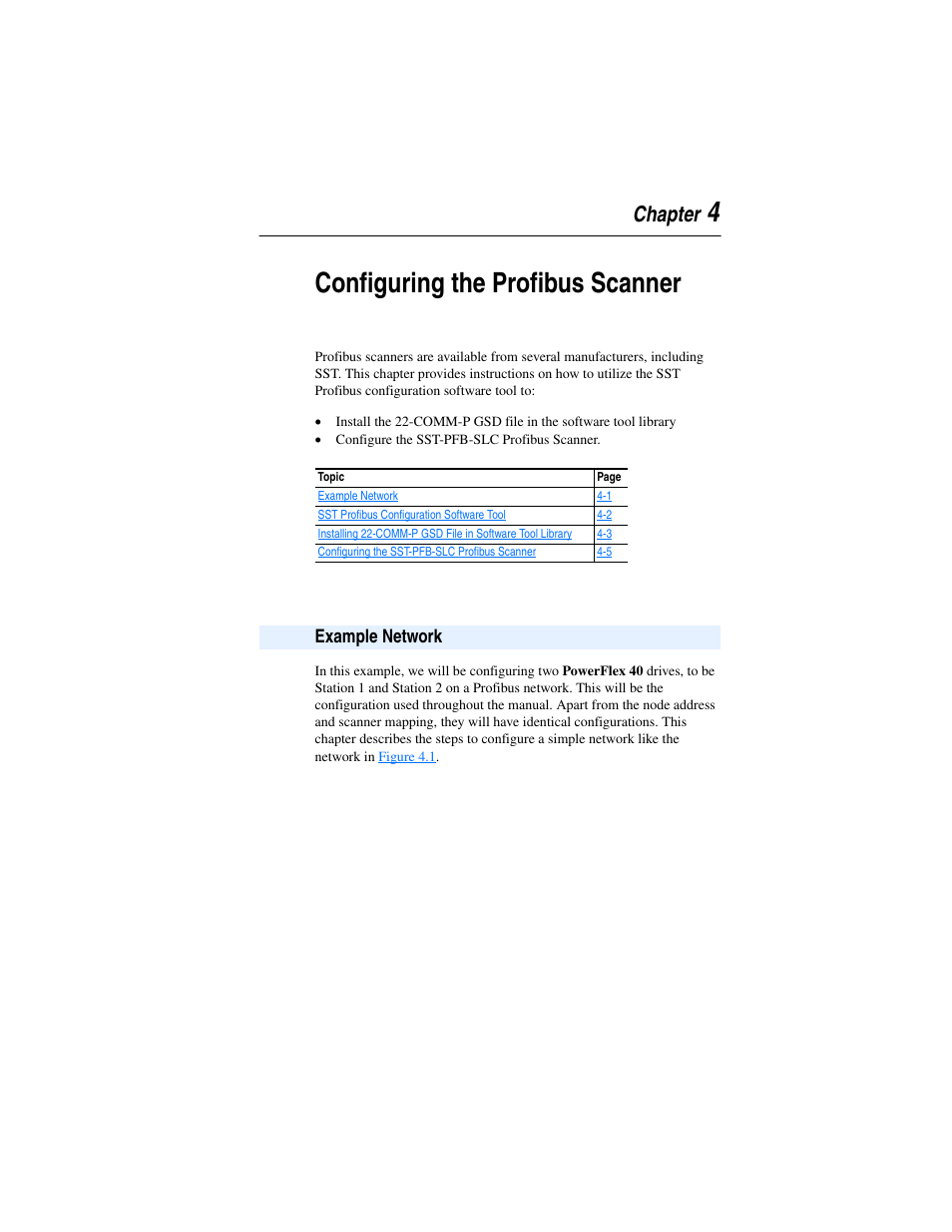 Chapter 4, Configuring the profibus scanner, Example network | Example network -1, Chapter4, 4configuring the profibus scanner | Rockwell Automation 22-COMM-P PowerFlex Profibus Adapter User Manual | Page 39 / 116