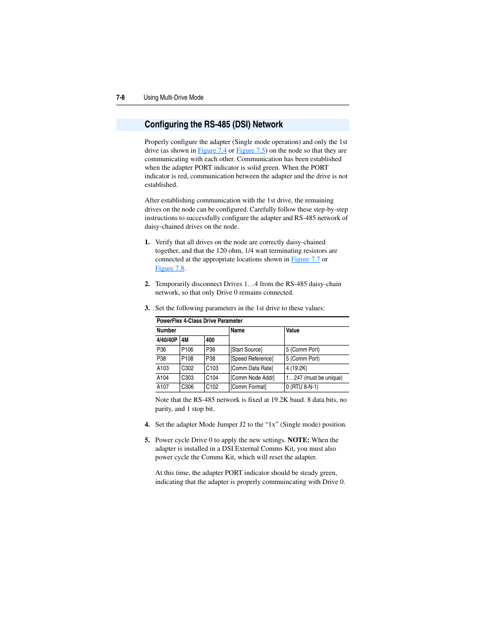 Configuring the rs-485 (dsi) network, Configuring the rs-485 (dsi) network -8, Set. see | Configuring the rs-485 (dsi) | Rockwell Automation 22-COMM-P PowerFlex Profibus Adapter User Manual | Page 68 / 116