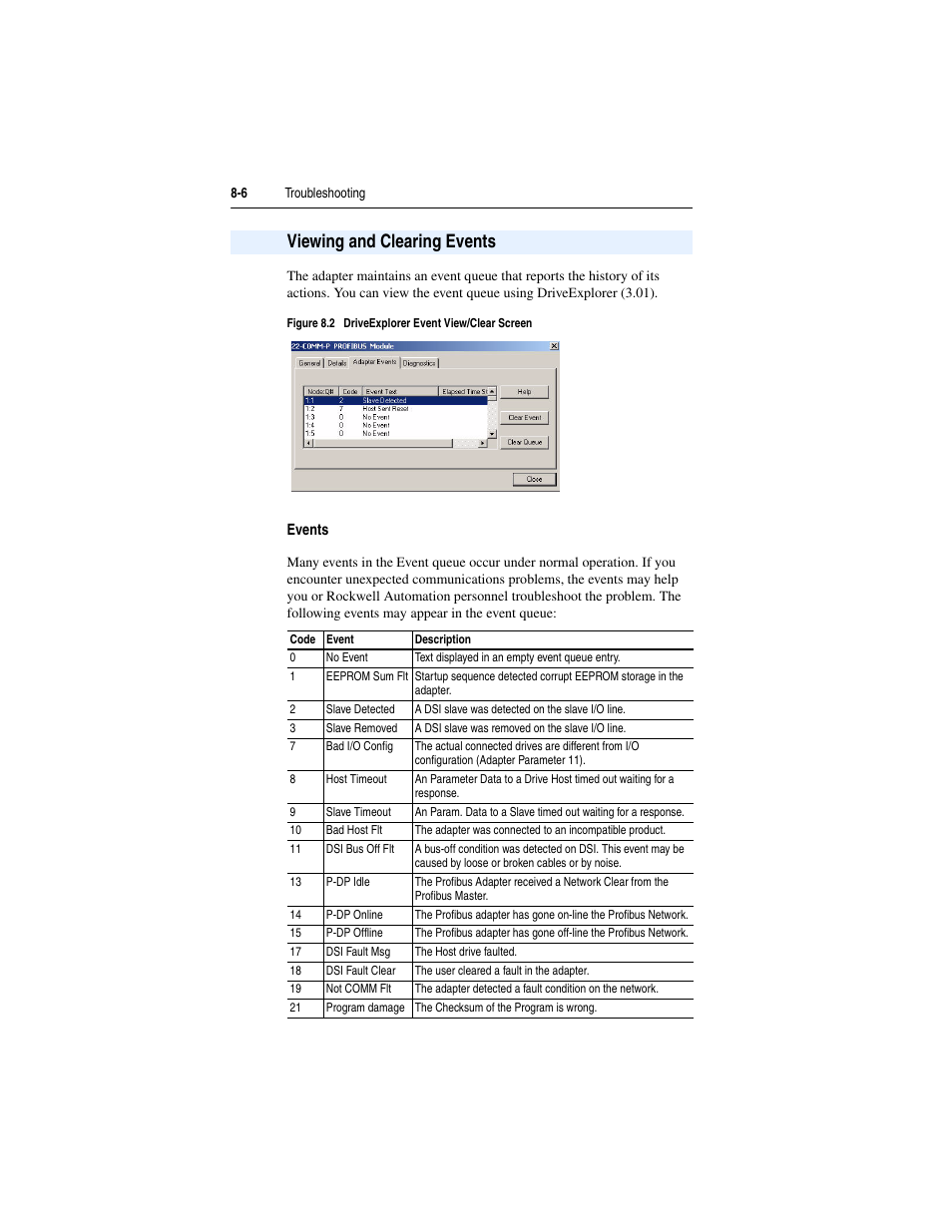 Viewing and clearing events, Events, Viewing and clearing events -6 | Rockwell Automation 22-COMM-P PowerFlex Profibus Adapter User Manual | Page 78 / 116
