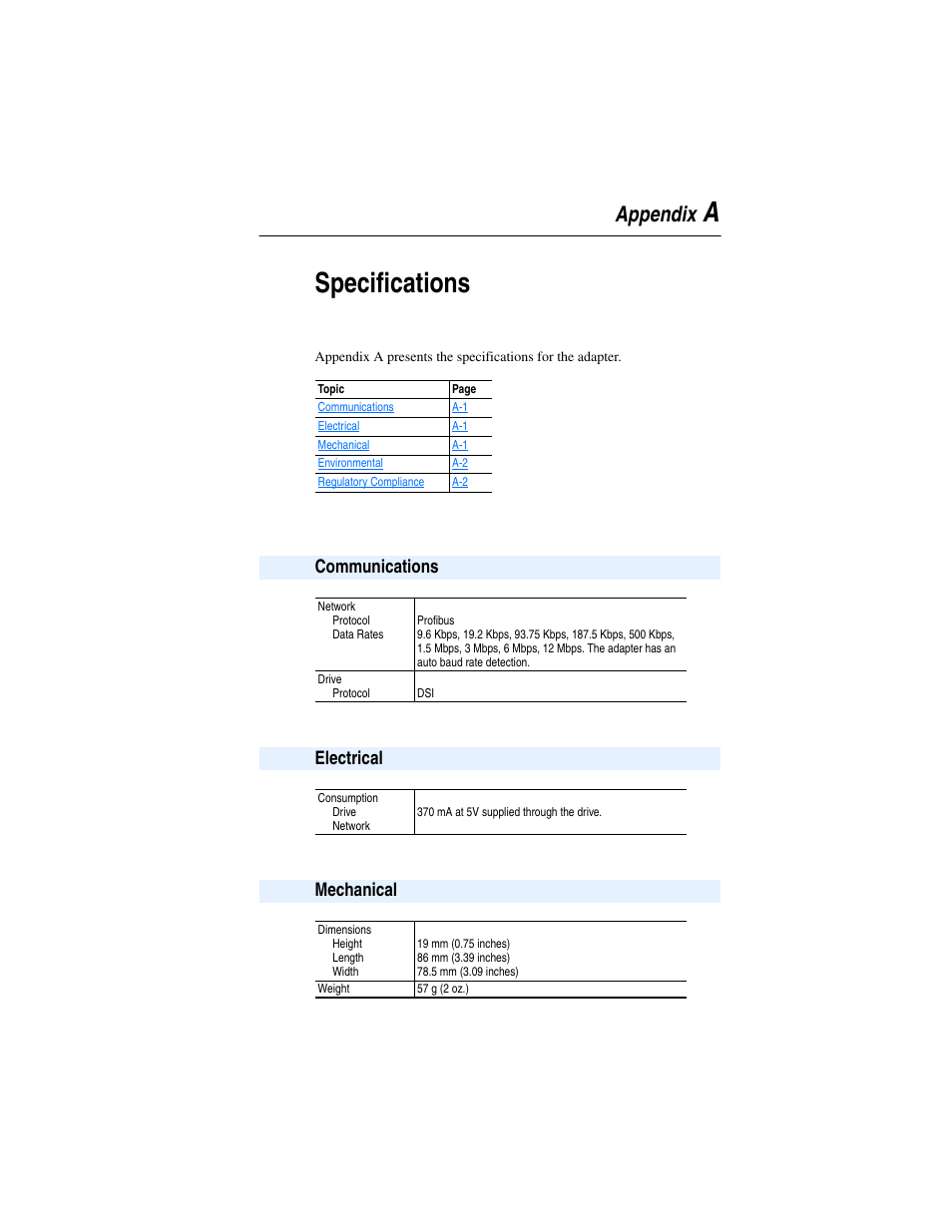 Appendix a, Specifications, Communications | Electrical, Mechanical, Aspecifications | Rockwell Automation 22-COMM-P PowerFlex Profibus Adapter User Manual | Page 79 / 116