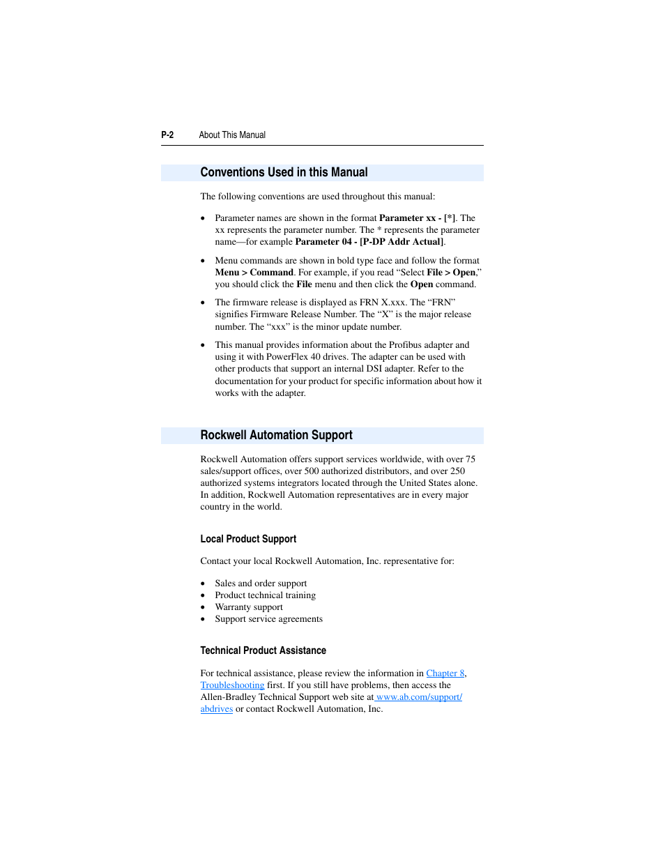 Conventions used in this manual, Rockwell automation support, Local product support | Technical product assistance | Rockwell Automation 22-COMM-P PowerFlex Profibus Adapter User Manual | Page 8 / 116