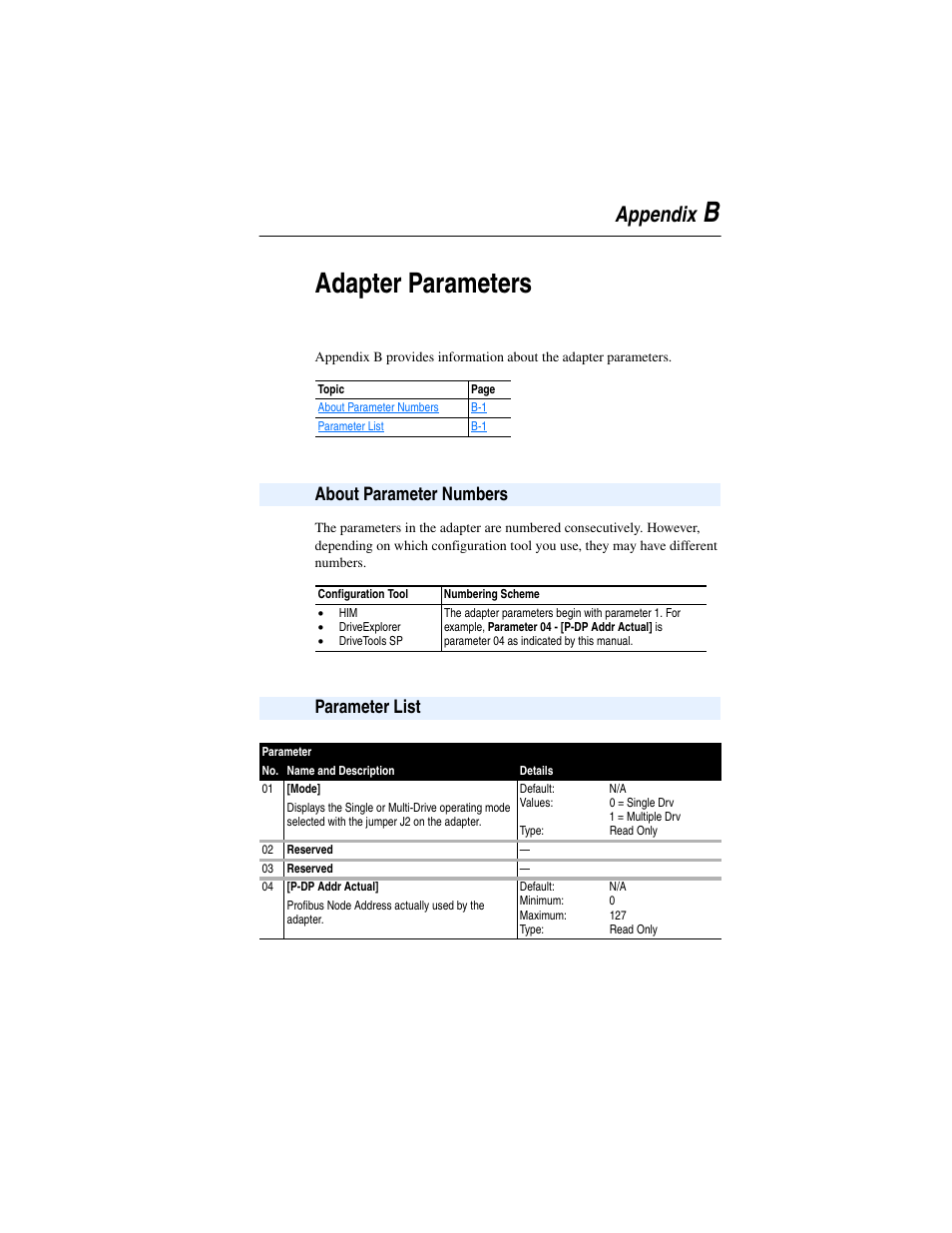 Appendix b, Adapter parameters, About parameter numbers | Parameter list, Appendixb, Badapter parameters, Appendix | Rockwell Automation 22-COMM-P PowerFlex Profibus Adapter User Manual | Page 81 / 116