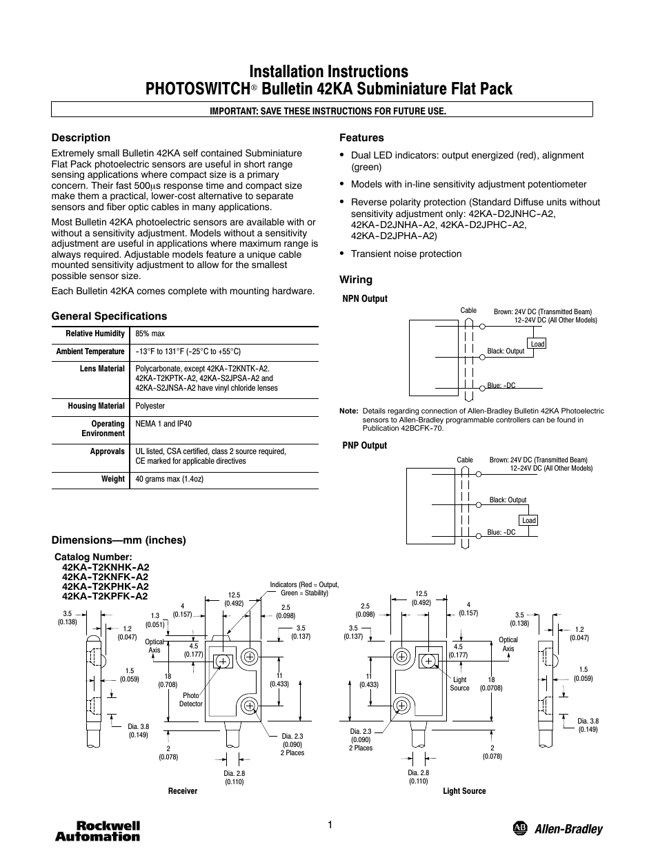 Rockwell Automation 42KA Subminiature Flat Pack PHOTOSWITCH User Manual | 4 pages