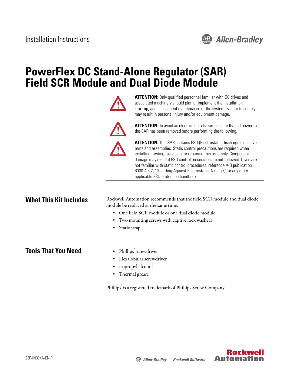 Rockwell Automation 23P PowerFlex DC Stand-Alone Regulator (SAR) Field SCR Module and Dual Diode Module User Manual | 10 pages