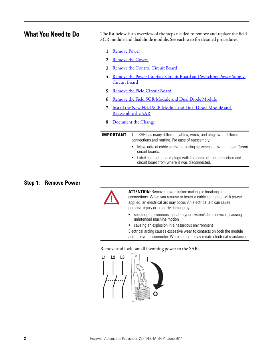 What you need to do, Step 1: remove power | Rockwell Automation 23P PowerFlex DC Stand-Alone Regulator (SAR) Field SCR Module and Dual Diode Module User Manual | Page 2 / 10