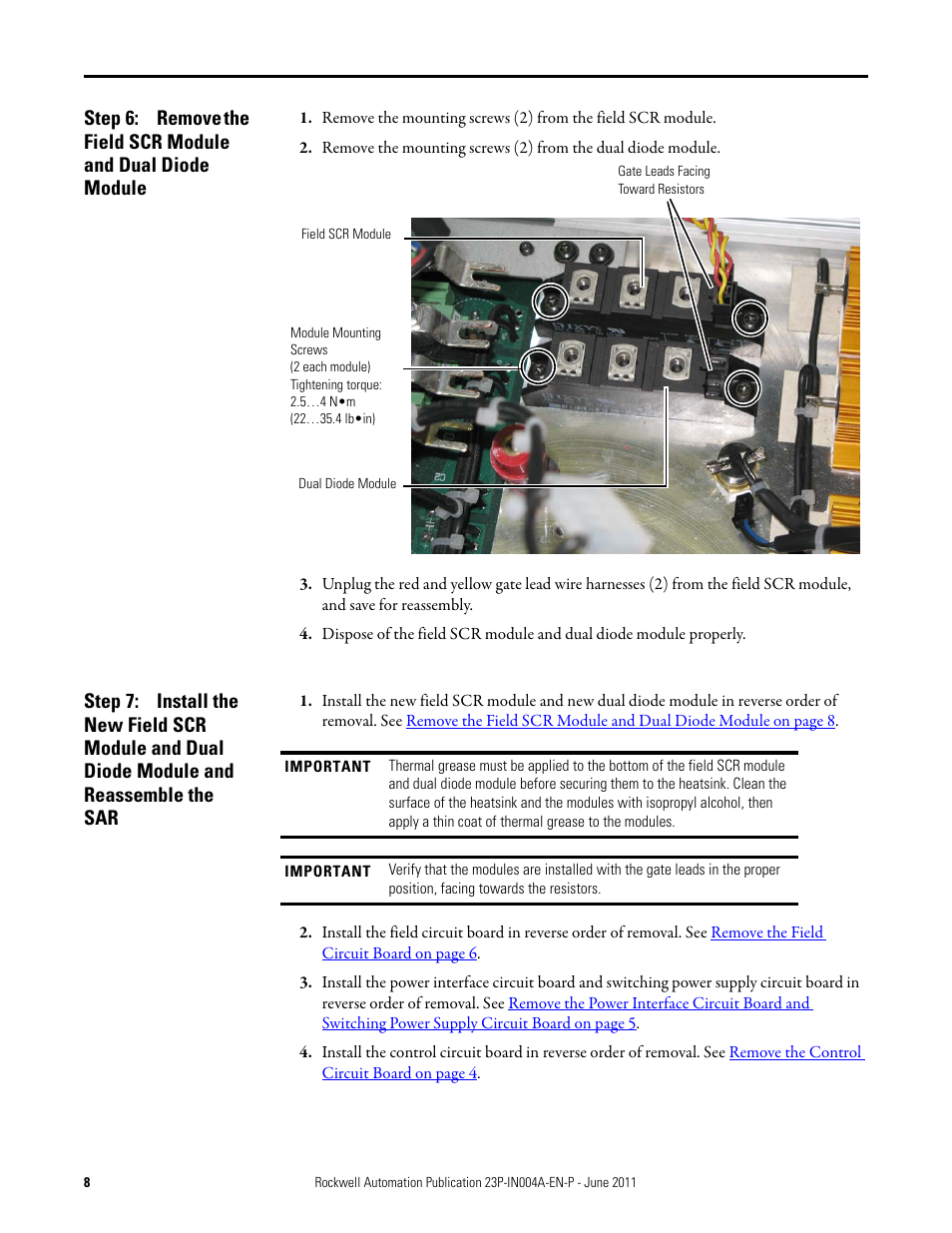 Remove the field scr module and dual diode module | Rockwell Automation 23P PowerFlex DC Stand-Alone Regulator (SAR) Field SCR Module and Dual Diode Module User Manual | Page 8 / 10