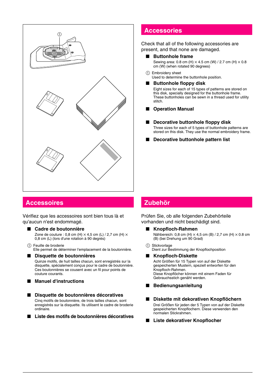 Accessories, Accessoires, Zubehör | Brother Button Hole Kit User Manual | Page 7 / 26