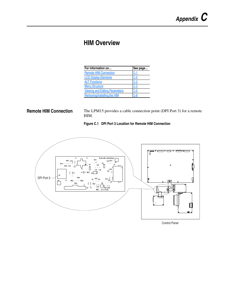 Appendix c, Him overview, Remote him connection | Rockwell Automation 20M LPM15 Liquid-Cooled Adjustable Frequency AC Drive FRN 2.xxx User Manual | Page 105 / 148