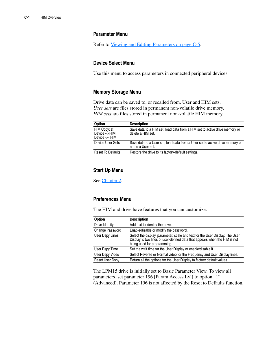 Parameter menu, Device select menu, Memory storage menu | Start up menu, Preferences menu | Rockwell Automation 20M LPM15 Liquid-Cooled Adjustable Frequency AC Drive FRN 2.xxx User Manual | Page 108 / 148