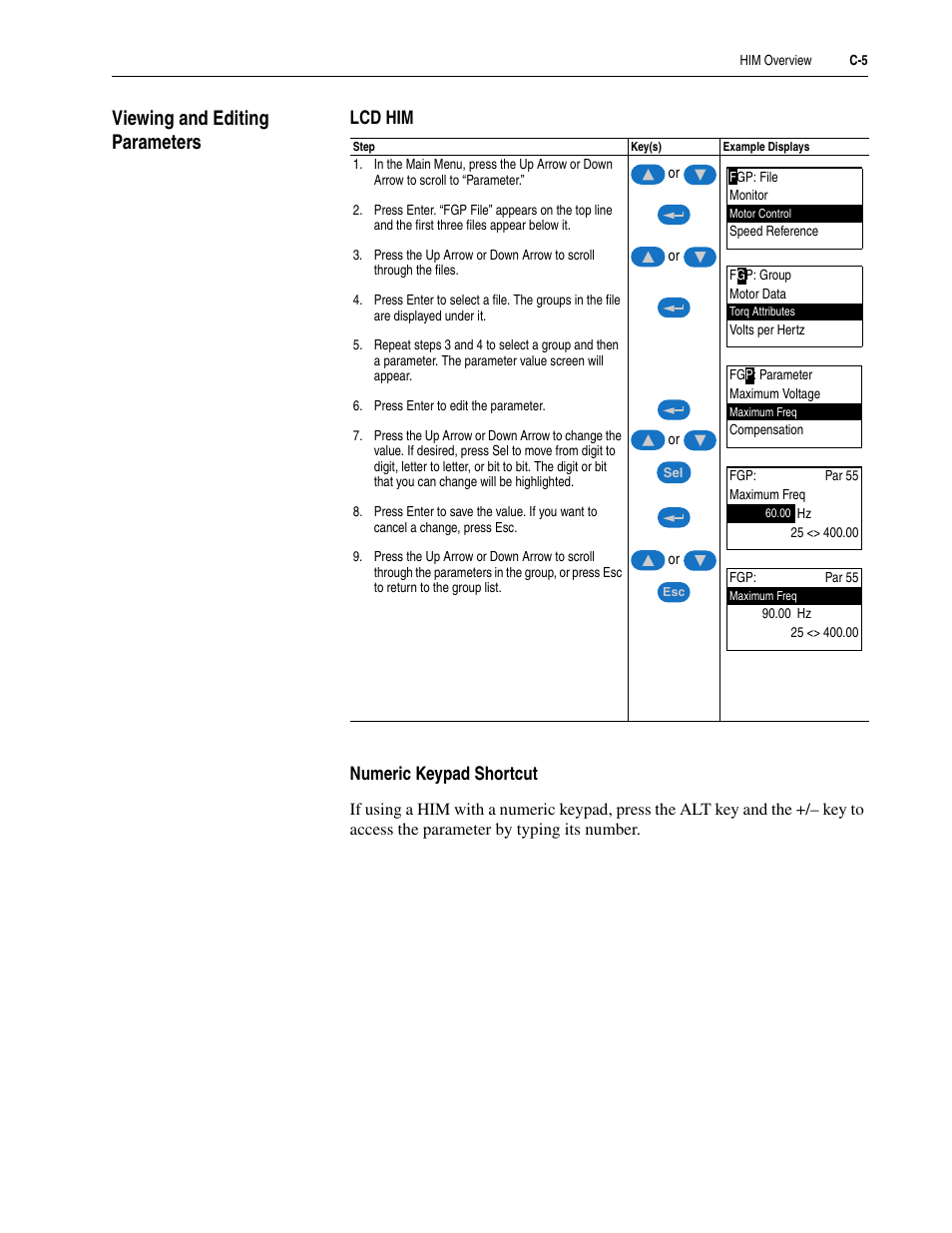 Viewing and editing parameters, Lcd him, Numeric keypad shortcut | Rockwell Automation 20M LPM15 Liquid-Cooled Adjustable Frequency AC Drive FRN 2.xxx User Manual | Page 109 / 148