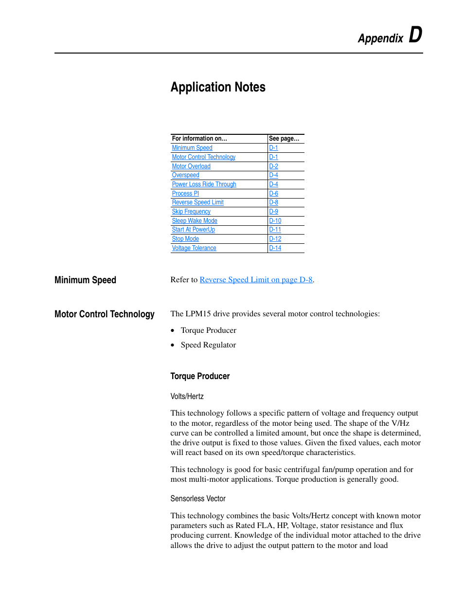 Appendix d, Application notes, Minimum speed | Motor control technology, Torque producer | Rockwell Automation 20M LPM15 Liquid-Cooled Adjustable Frequency AC Drive FRN 2.xxx User Manual | Page 111 / 148