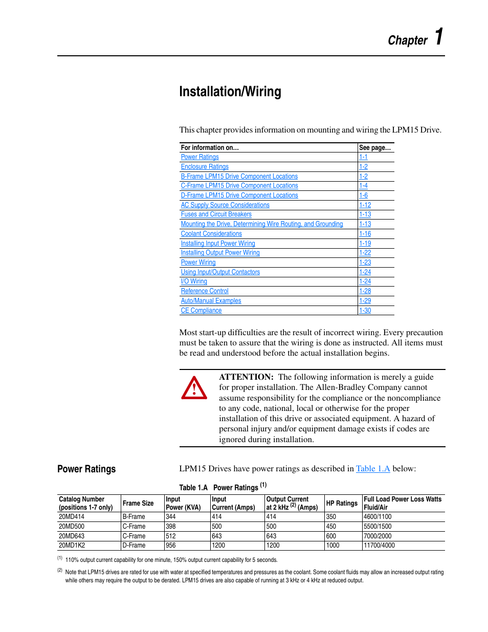 Chapter 1, Installation/wiring, Power ratings | Power ratings -1, Chapter | Rockwell Automation 20M LPM15 Liquid-Cooled Adjustable Frequency AC Drive FRN 2.xxx User Manual | Page 13 / 148