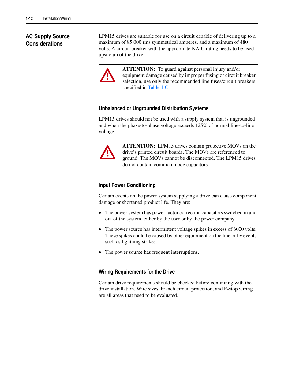Ac supply source considerations, Unbalanced or ungrounded distribution systems, Input power conditioning | Wiring requirements for the drive, Ac supply source considerations -12 | Rockwell Automation 20M LPM15 Liquid-Cooled Adjustable Frequency AC Drive FRN 2.xxx User Manual | Page 24 / 148