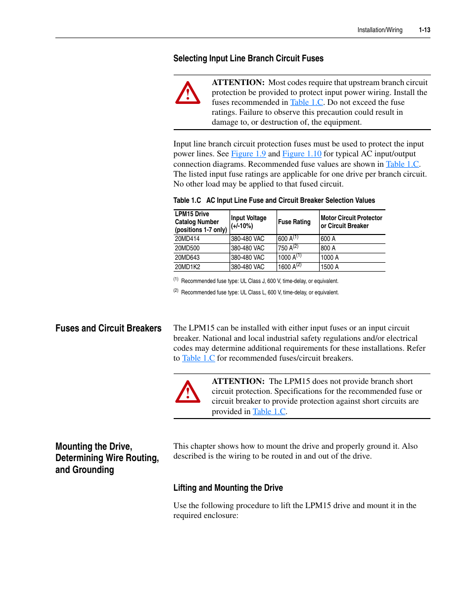 Selecting input line branch circuit fuses, Fuses and circuit breakers, Lifting and mounting the drive | Rockwell Automation 20M LPM15 Liquid-Cooled Adjustable Frequency AC Drive FRN 2.xxx User Manual | Page 25 / 148