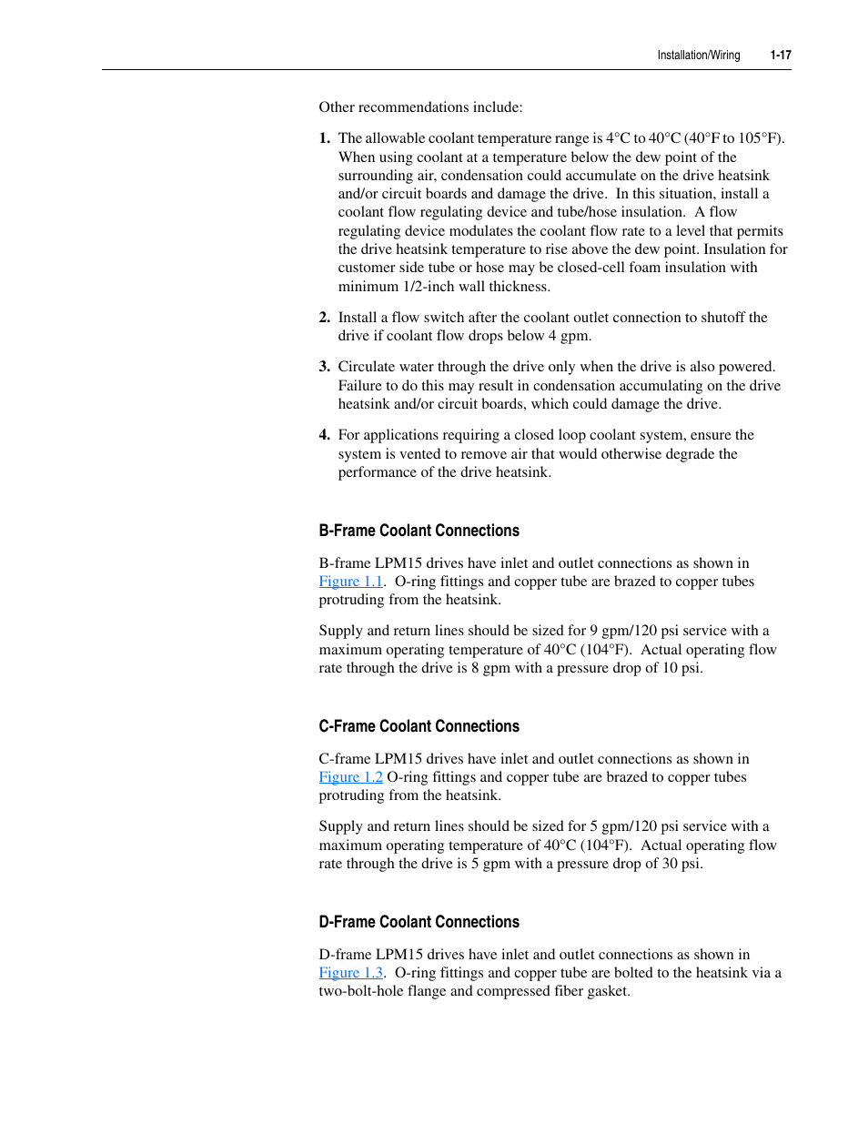 B-frame coolant connections, C-frame coolant connections, D-frame coolant connections | Rockwell Automation 20M LPM15 Liquid-Cooled Adjustable Frequency AC Drive FRN 2.xxx User Manual | Page 29 / 148