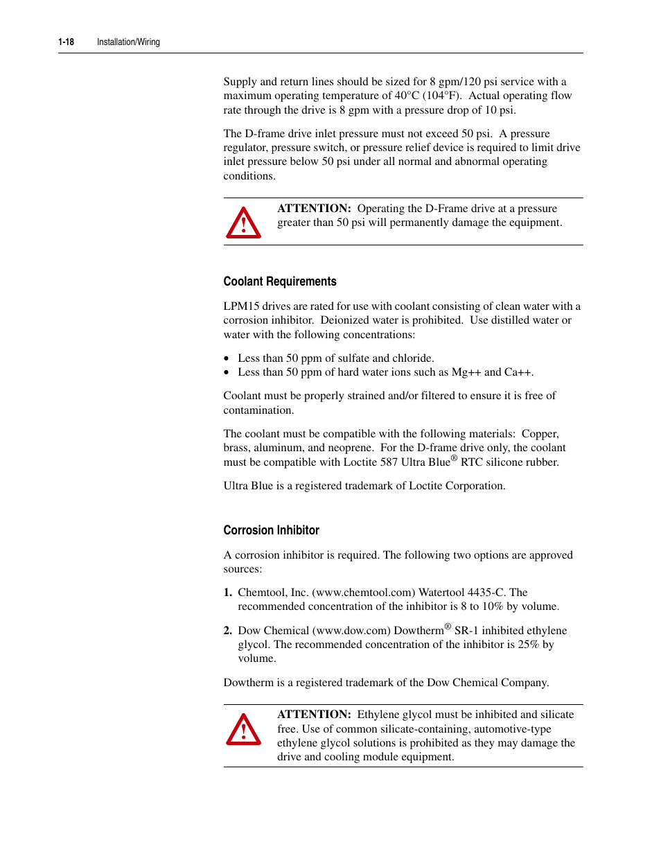 Coolant requirements, Corrosion inhibitor | Rockwell Automation 20M LPM15 Liquid-Cooled Adjustable Frequency AC Drive FRN 2.xxx User Manual | Page 30 / 148