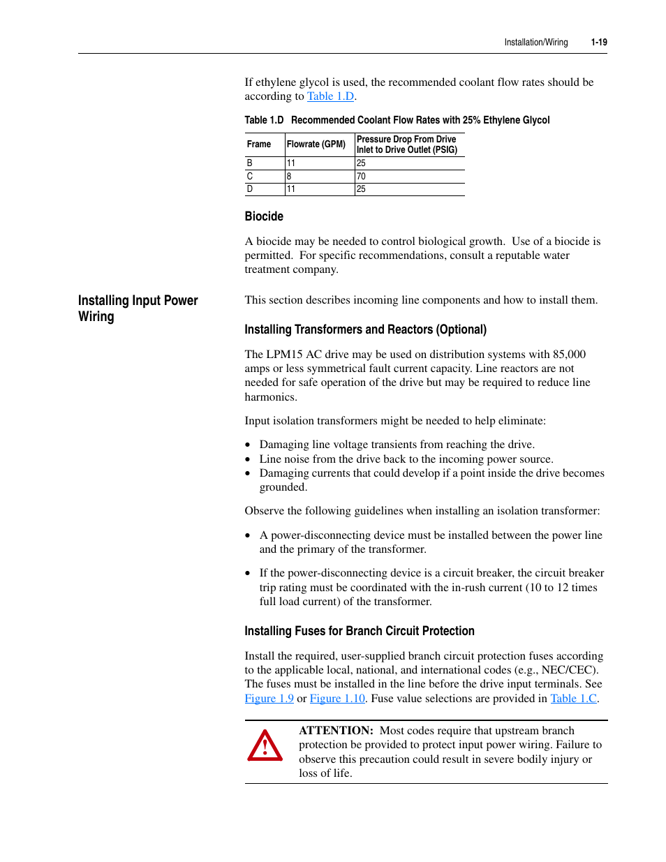 Biocide, Installing input power wiring, Installing transformers and reactors (optional) | Installing fuses for branch circuit protection, Installing input power wiring -19 | Rockwell Automation 20M LPM15 Liquid-Cooled Adjustable Frequency AC Drive FRN 2.xxx User Manual | Page 31 / 148
