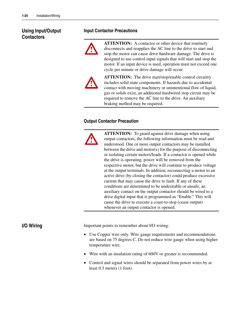 Using input/output contactors, Input contactor precautions, Output contactor precaution | I/o wiring, Using input/output contactors -24 i/o wiring -24 | Rockwell Automation 20M LPM15 Liquid-Cooled Adjustable Frequency AC Drive FRN 2.xxx User Manual | Page 36 / 148