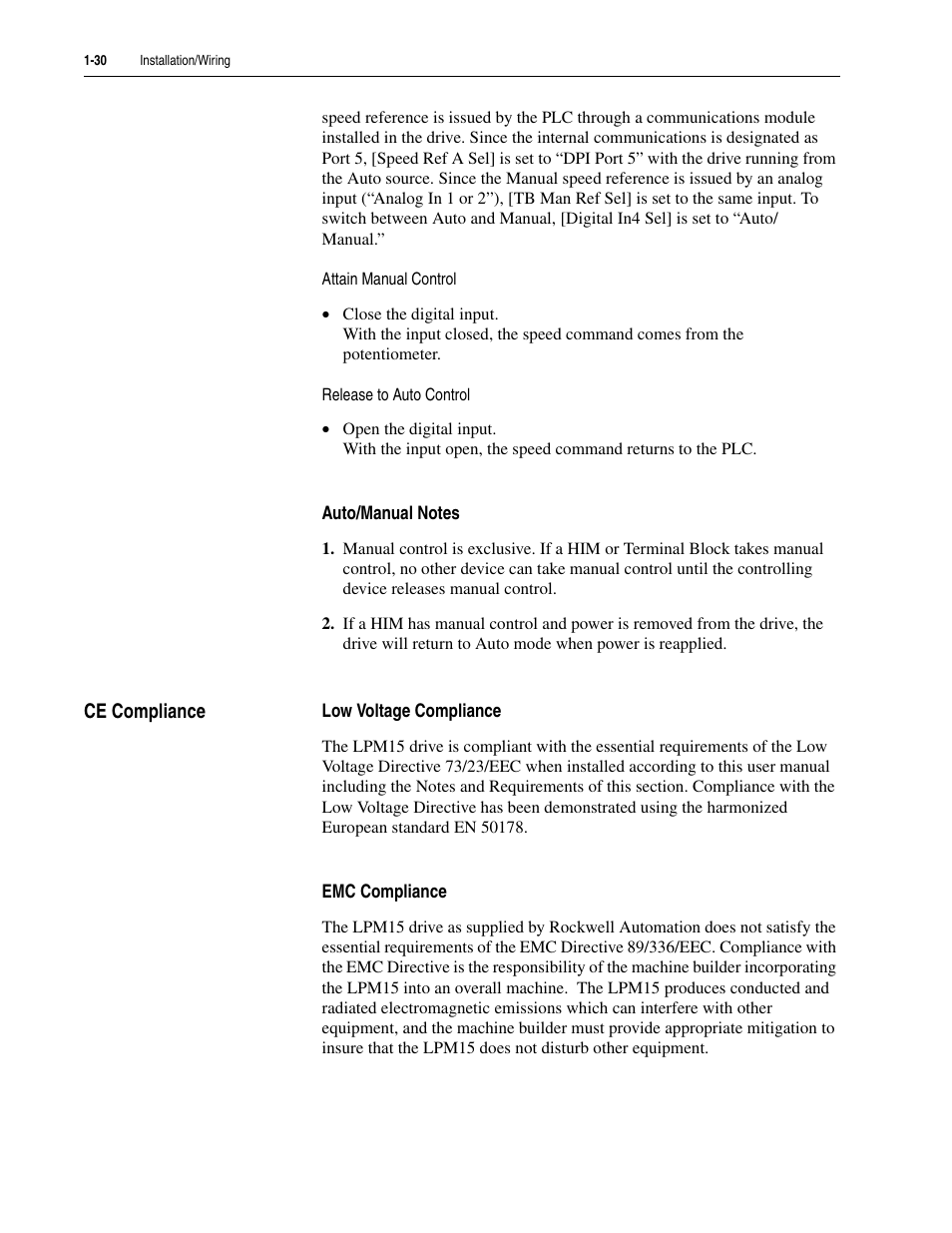 Auto/manual notes, Ce compliance, Low voltage compliance | Emc compliance, Ce compliance -30 | Rockwell Automation 20M LPM15 Liquid-Cooled Adjustable Frequency AC Drive FRN 2.xxx User Manual | Page 42 / 148